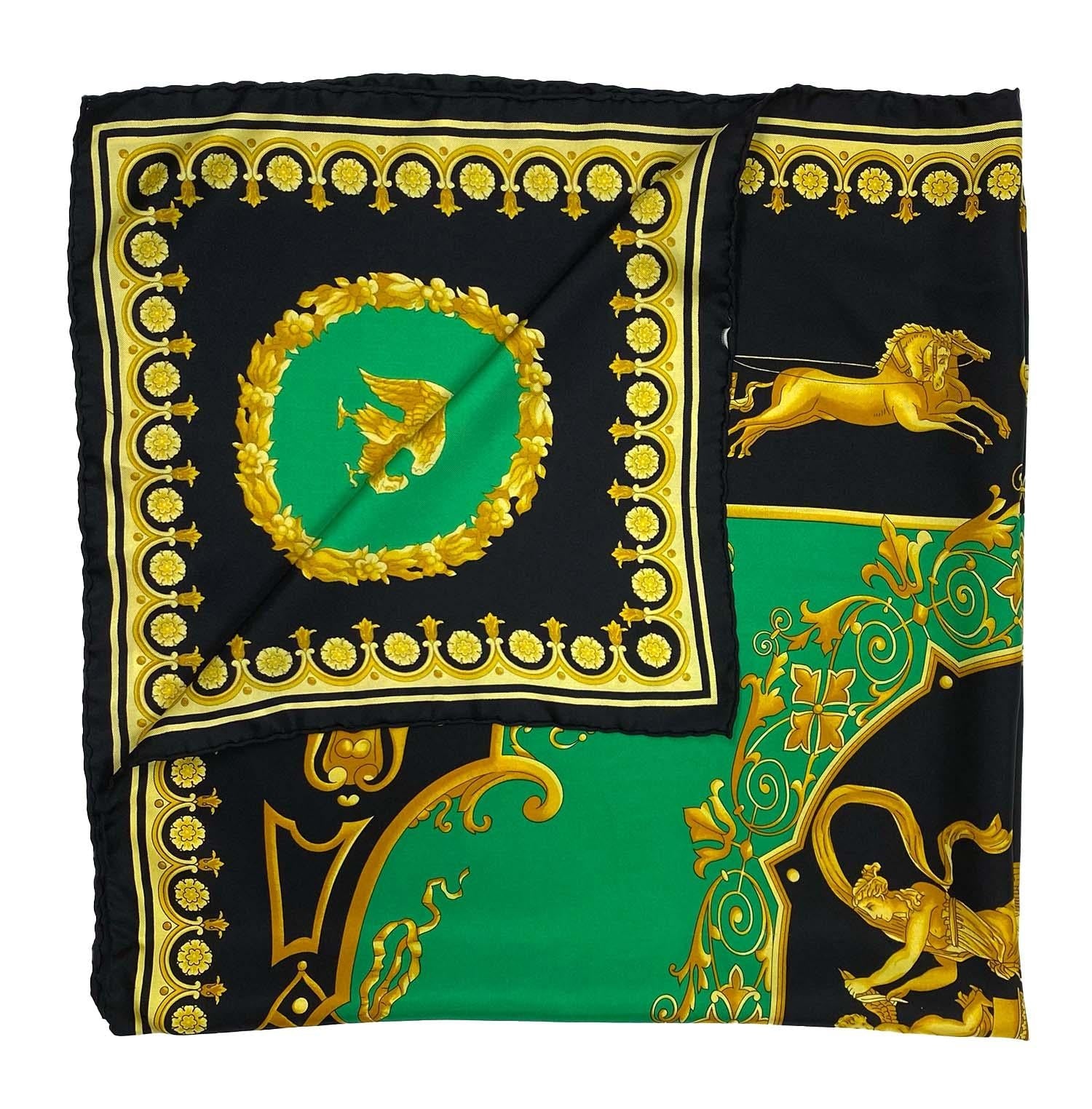 Early 1990s Atelier Versace Green and Gold Baroque Print Square Silk Scarf - RealList