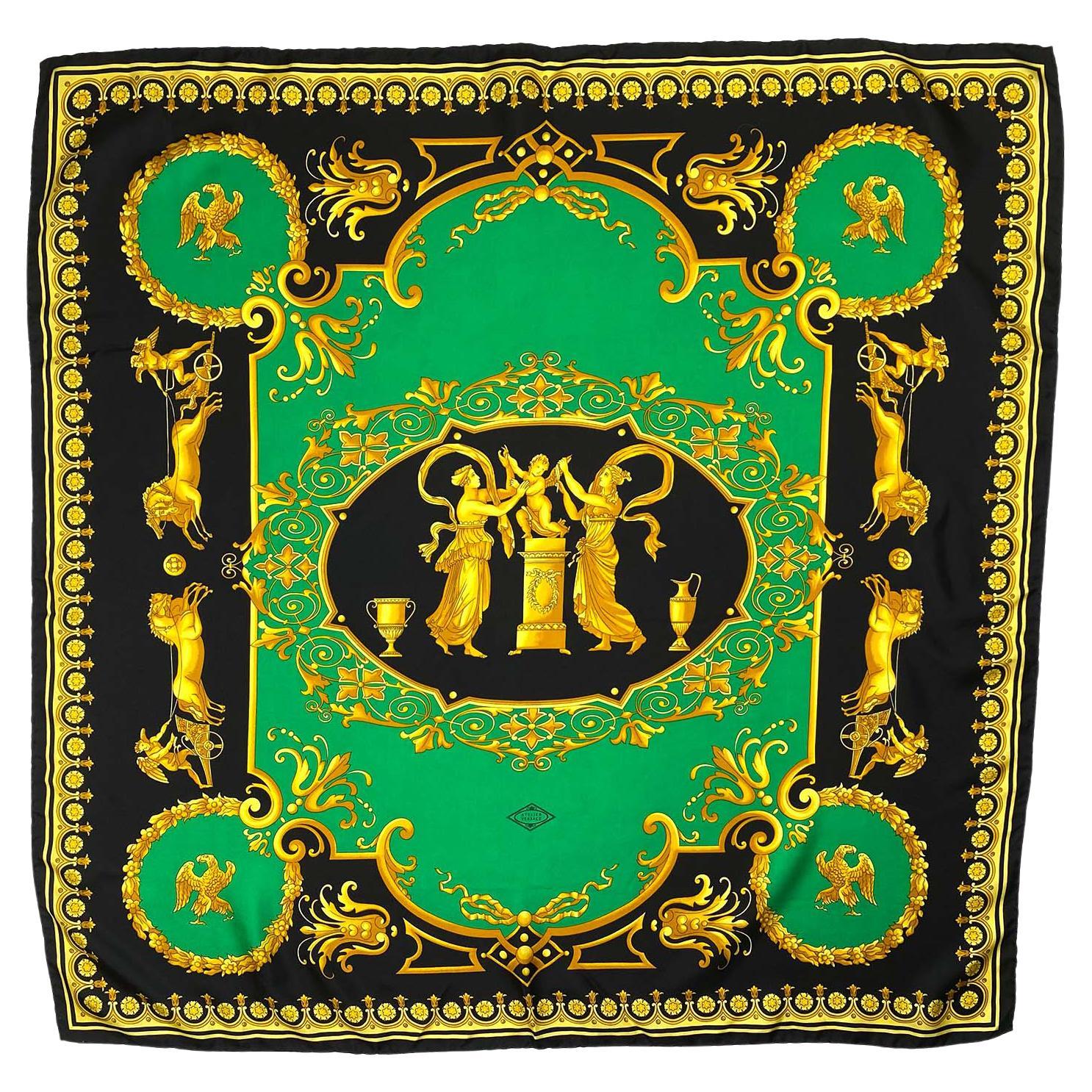 Early 1990s Atelier Versace Green and Gold Baroque Print Square Silk Scarf - RealList