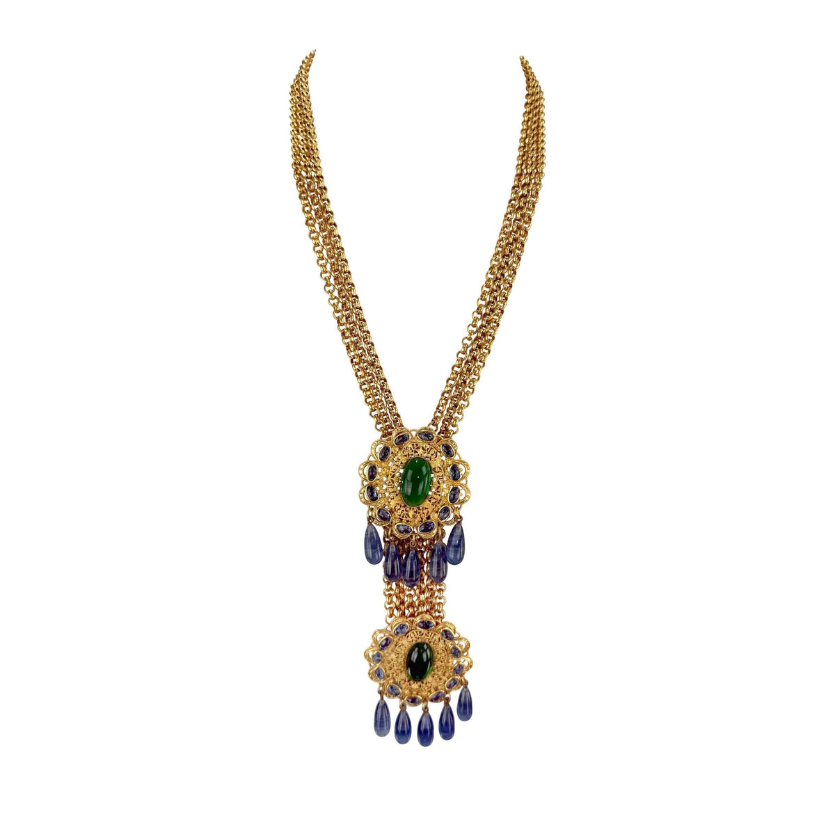 Early 1990s Chanel by Karl Lagerfeld Etruscan Gripoix Gold Pendant Necklace - RealList