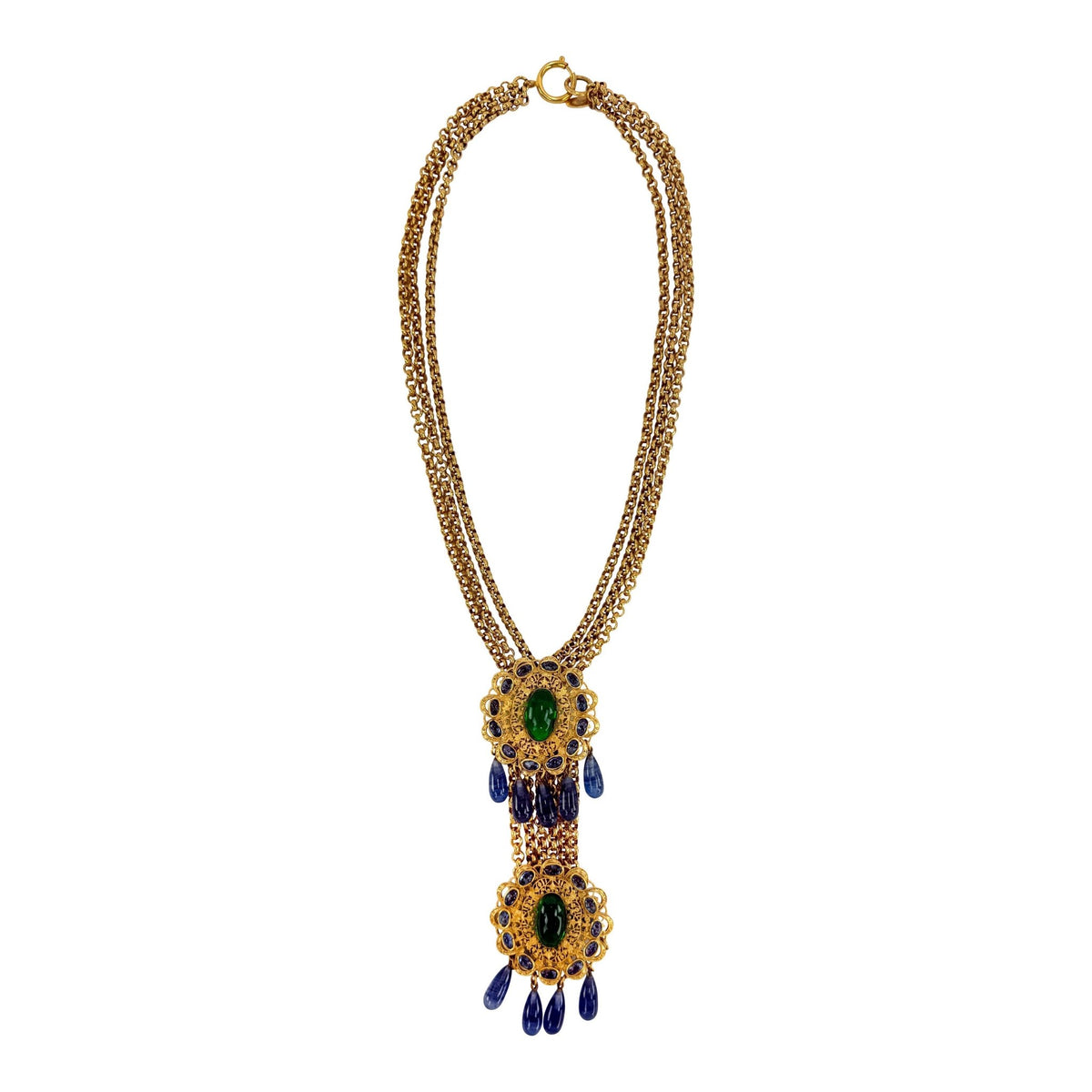 Early 1990s Chanel by Karl Lagerfeld Etruscan Gripoix Gold Pendant Necklace - RealList