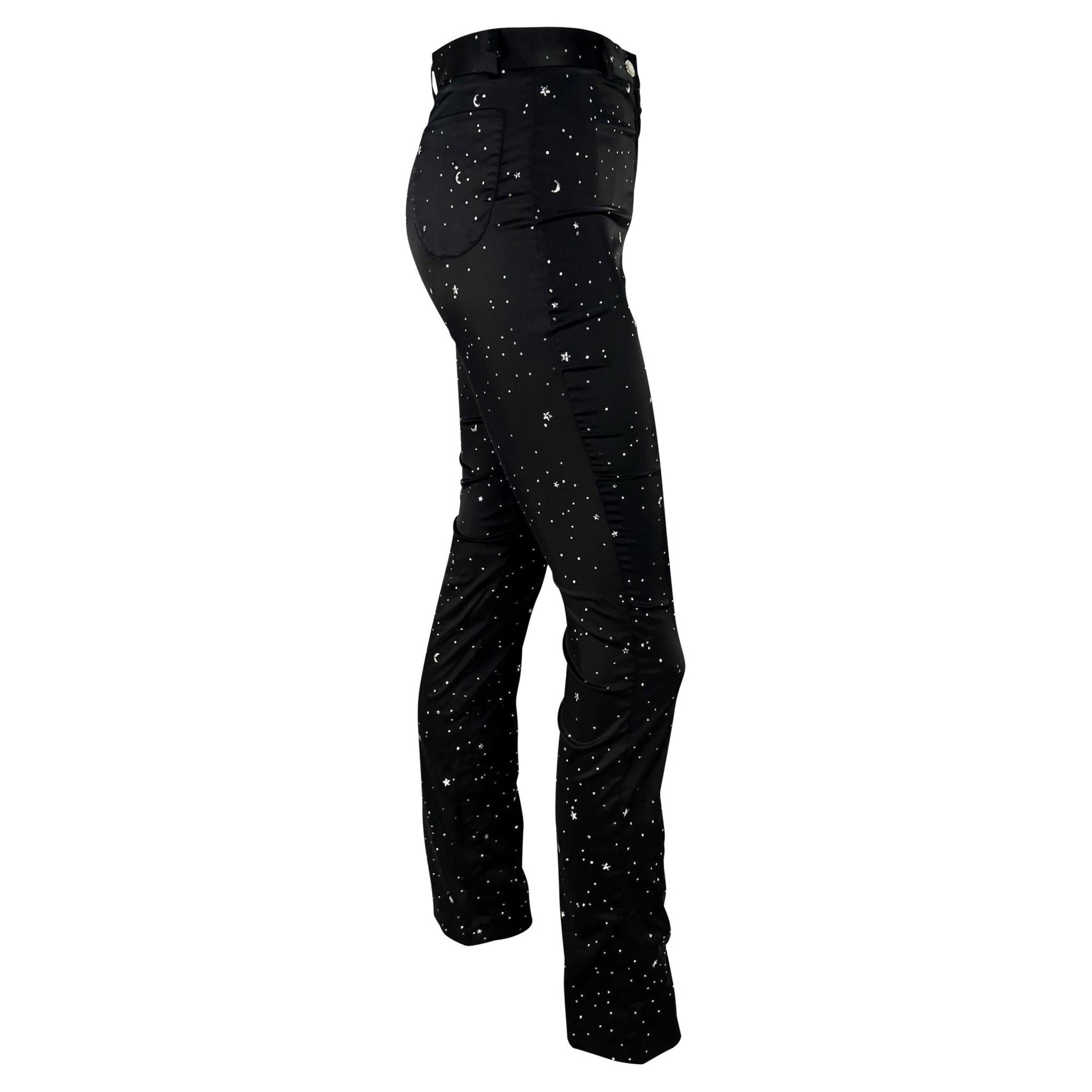 Early 1990s Dolce & Gabbana Black Satin Stretch Rhinestone Constellation Pants - RealList