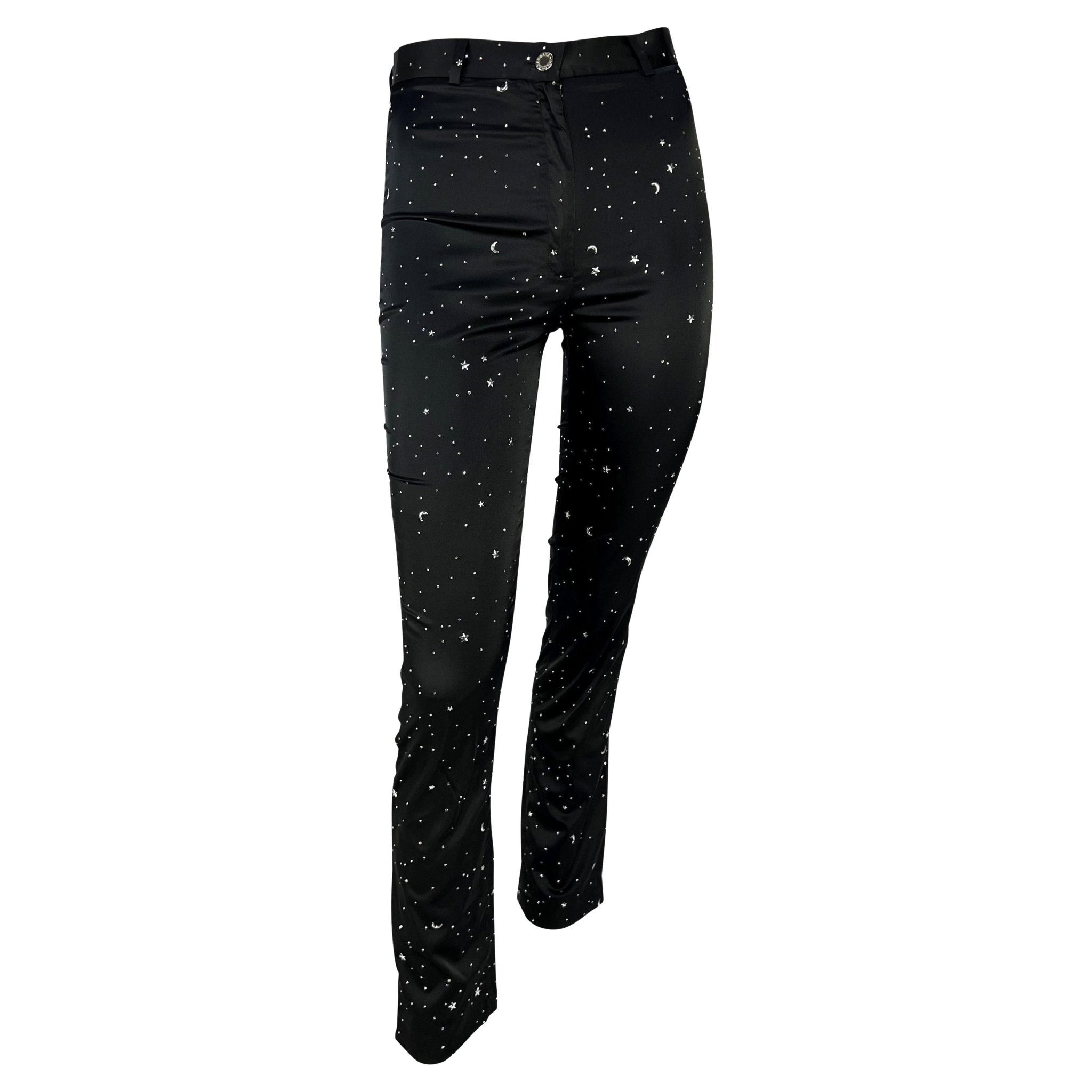 Early 1990s Dolce & Gabbana Black Satin Stretch Rhinestone Constellation Pants - RealList