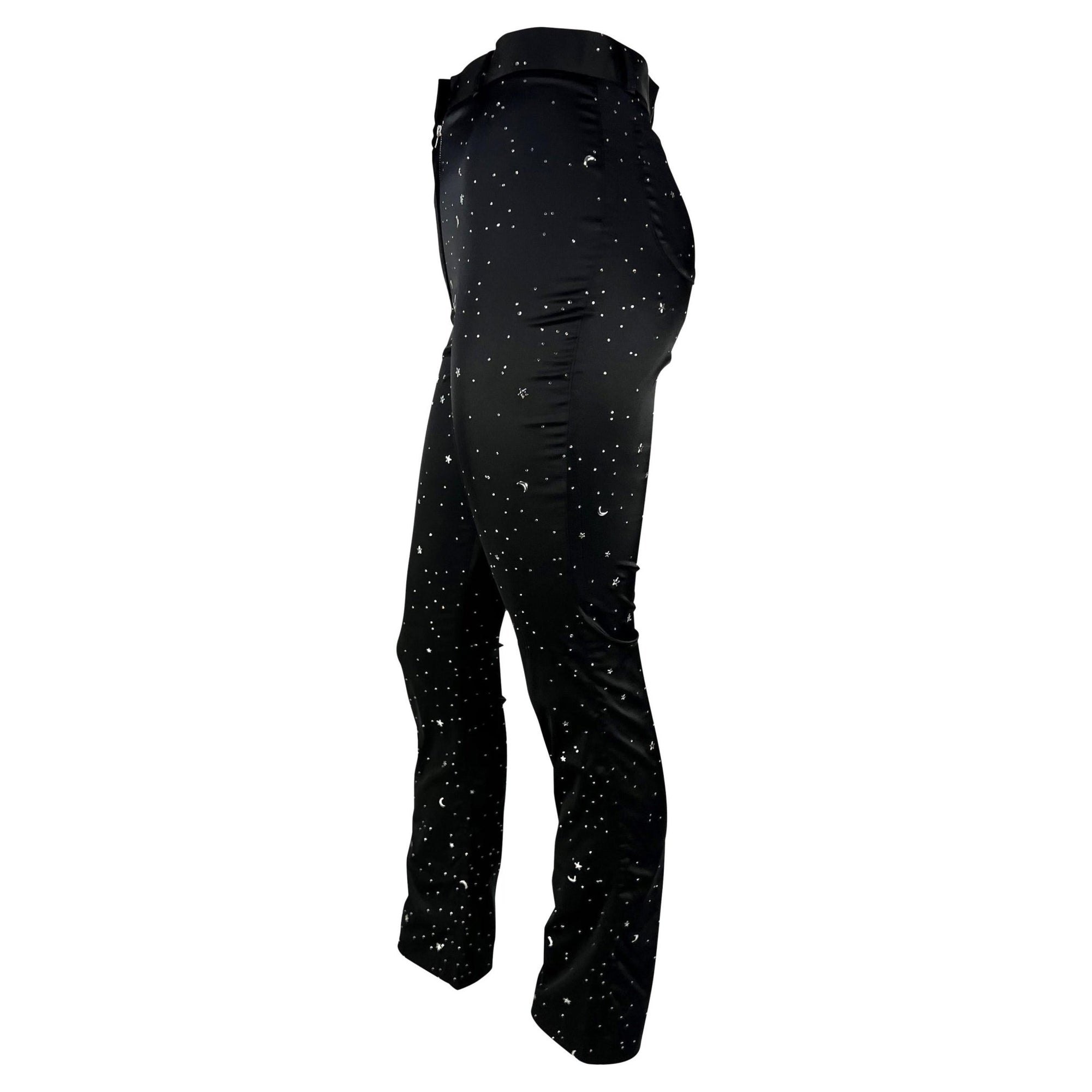 Early 1990s Dolce & Gabbana Black Satin Stretch Rhinestone Constellation Pants - RealList