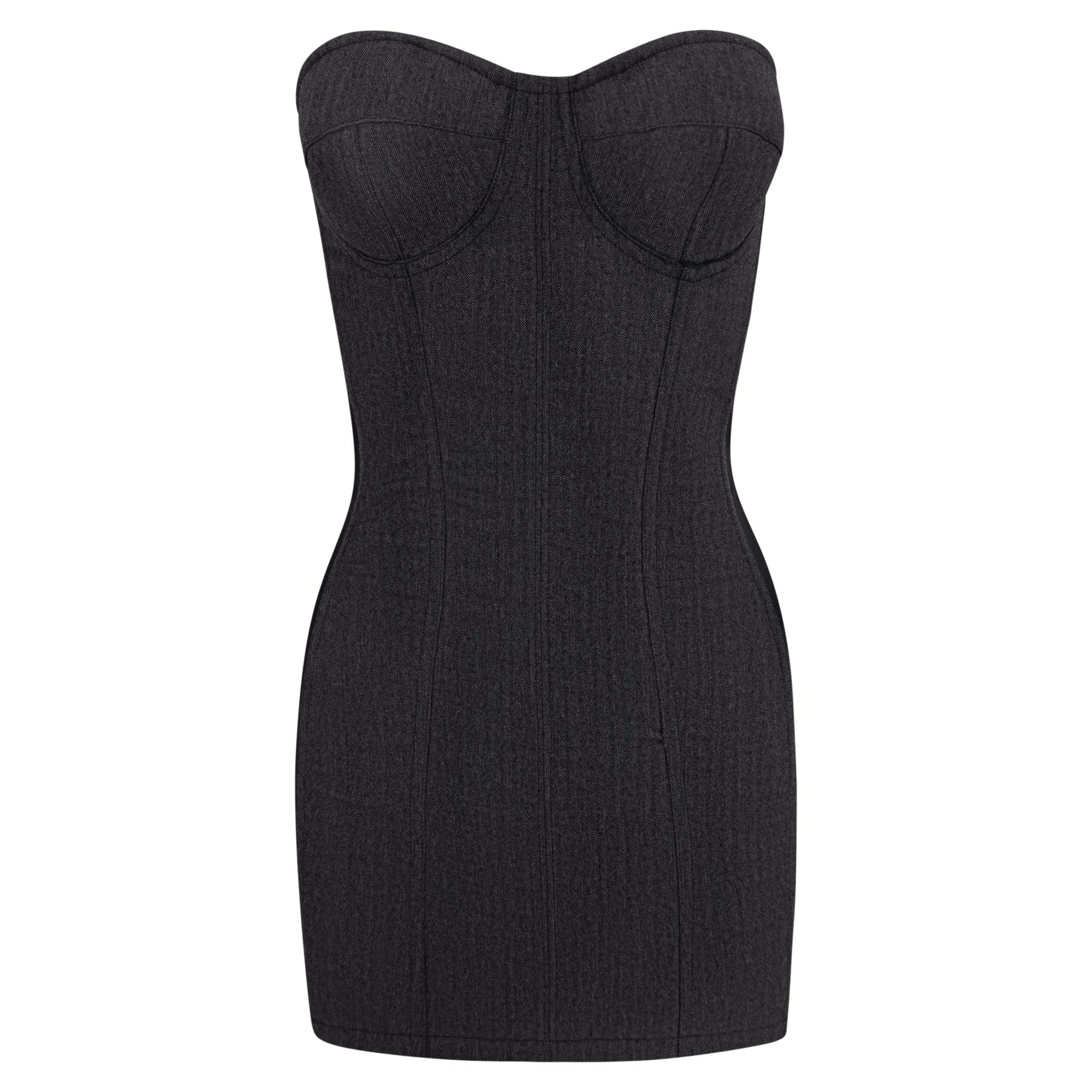 Early 1990s Dolce & Gabbana Dark Grey Strapless Corset Boned Bustier Dress - RealList