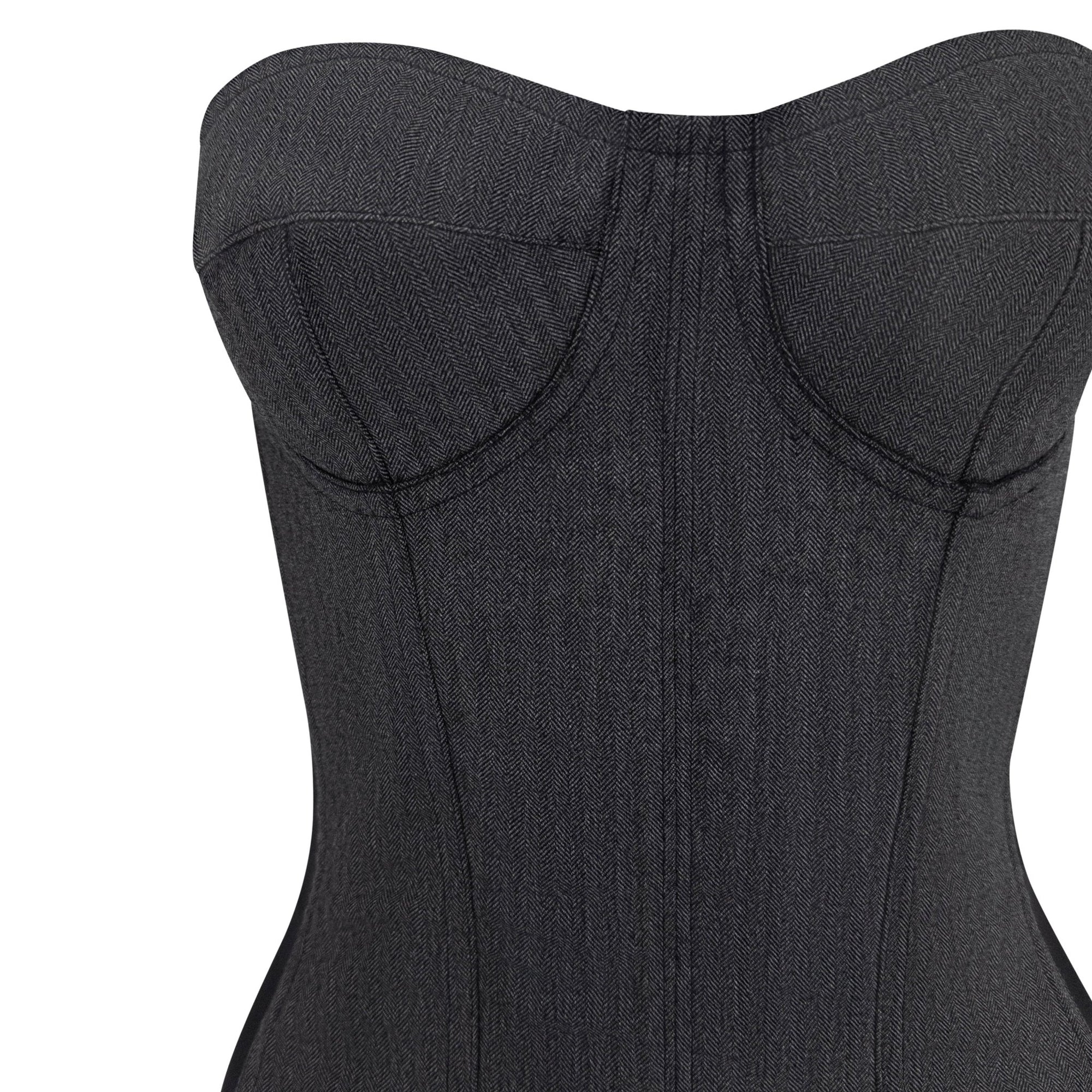 Early 1990s Dolce & Gabbana Dark Grey Strapless Corset Boned Bustier Dress - RealList