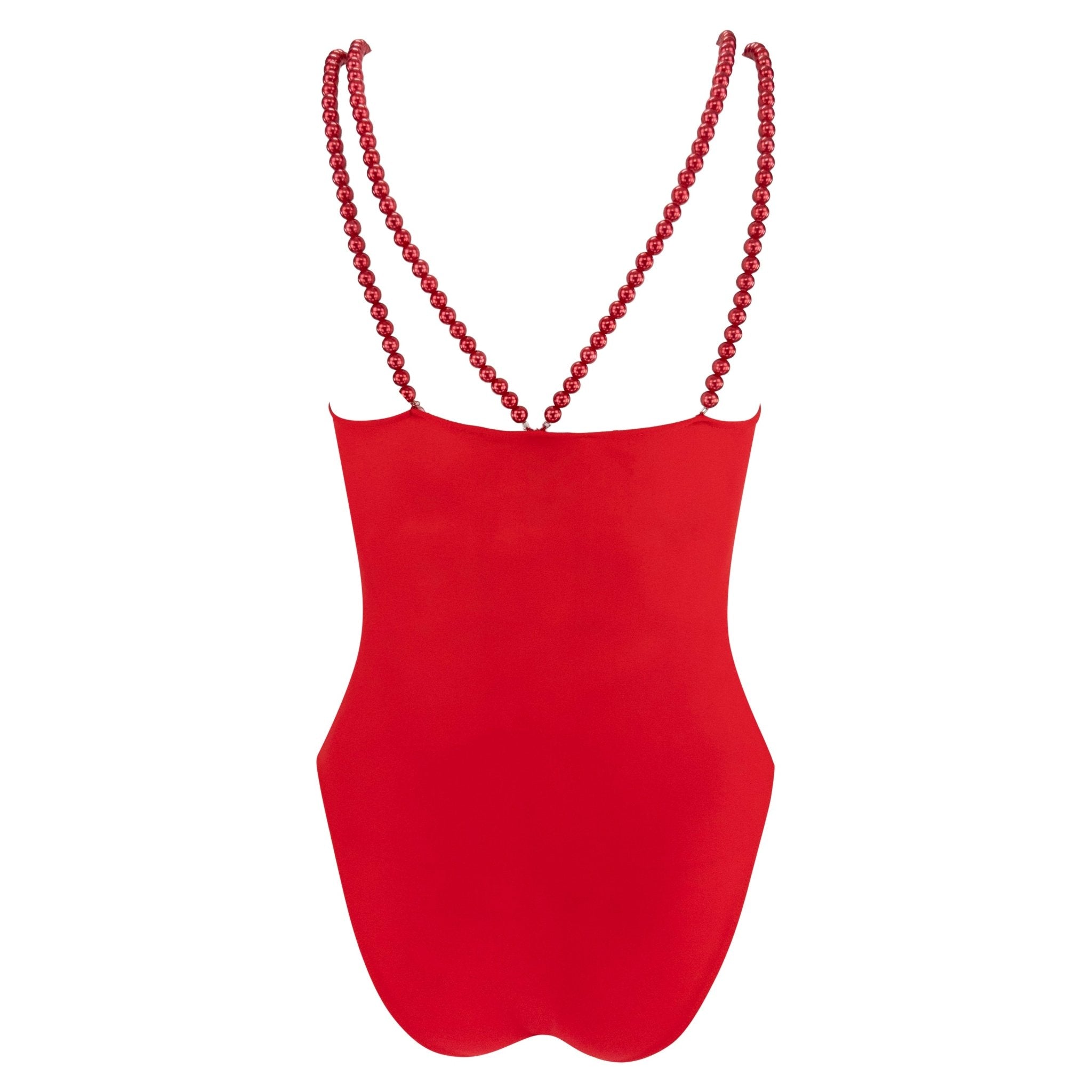 Early 1990s Dolce & Gabbana Red Faux Pearl Strap One - Piece Swimsuit - RealList