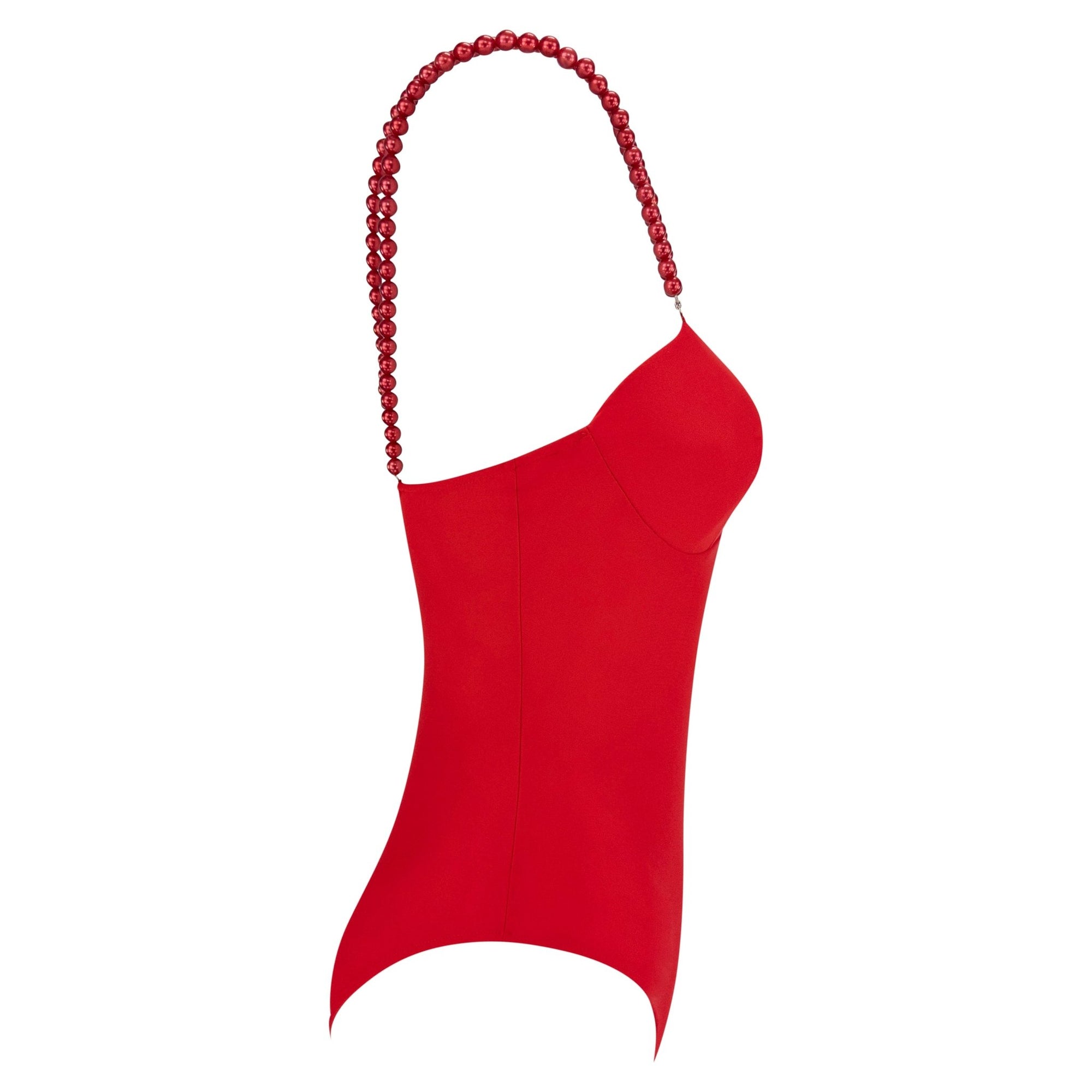 Early 1990s Dolce & Gabbana Red Faux Pearl Strap One - Piece Swimsuit - RealList