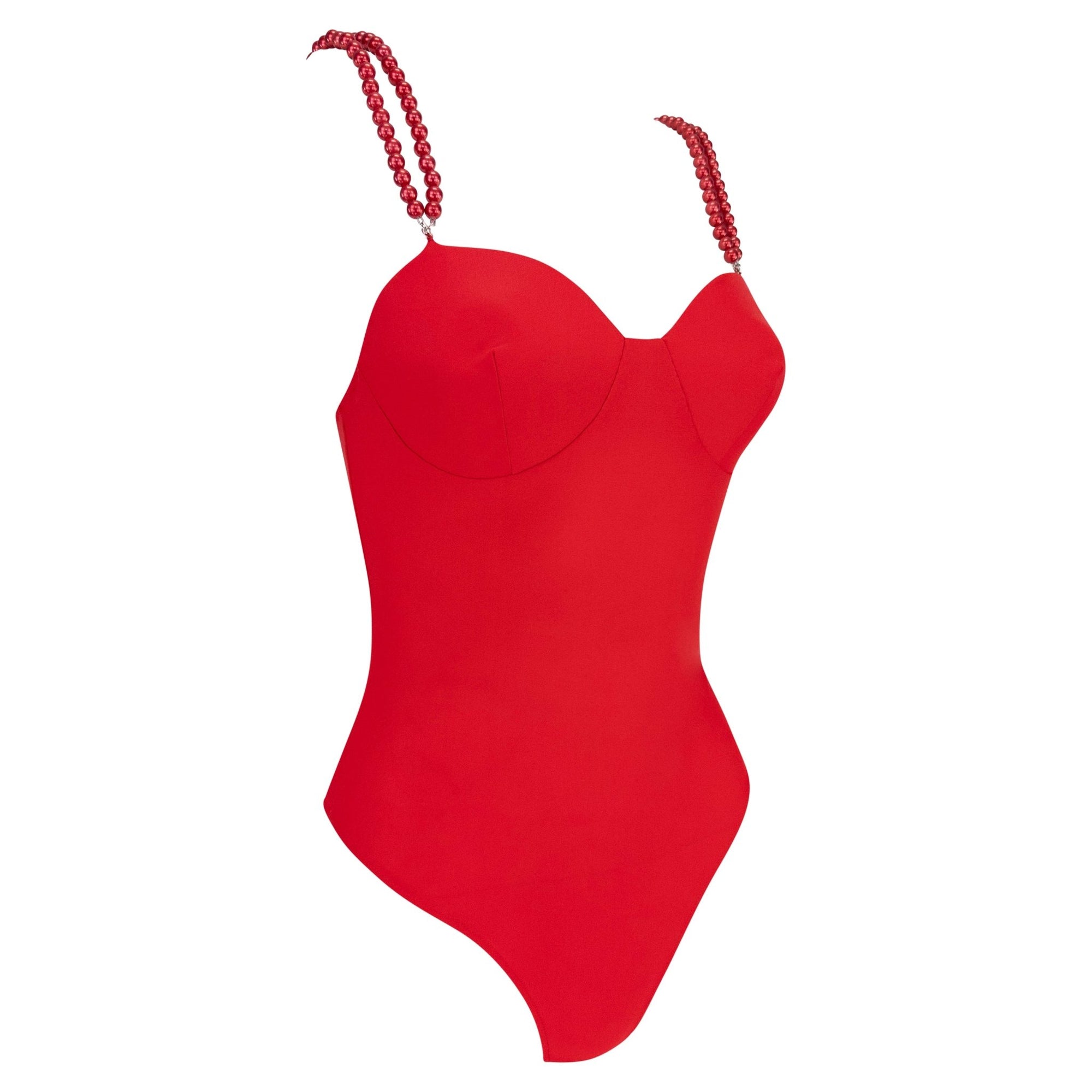 Early 1990s Dolce & Gabbana Red Faux Pearl Strap One - Piece Swimsuit - RealList