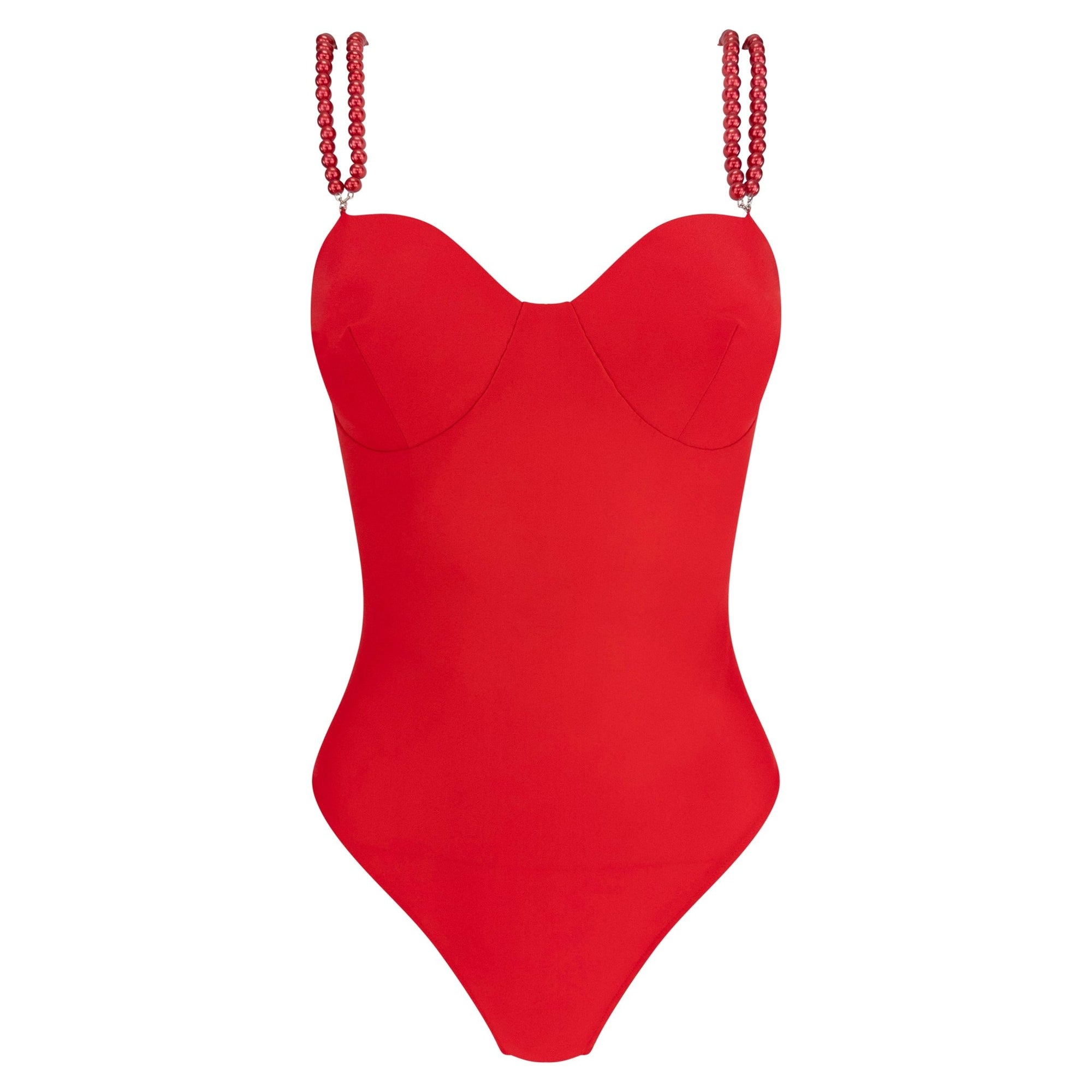 Early 1990s Dolce & Gabbana Red Faux Pearl Strap One - Piece Swimsuit - RealList
