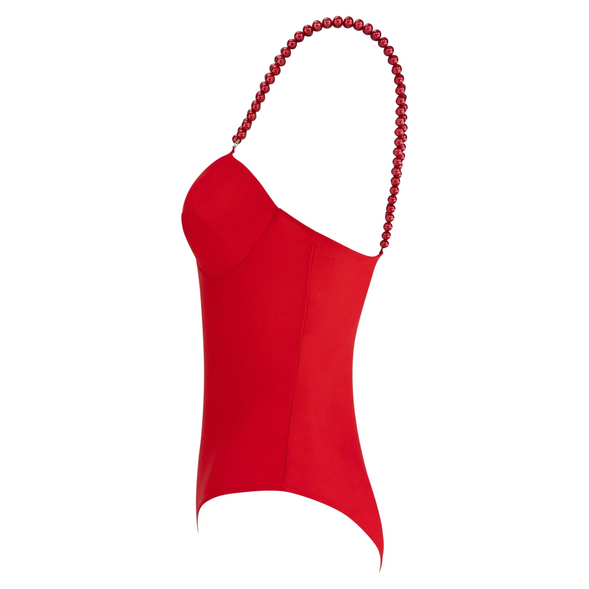 Early 1990s Dolce & Gabbana Red Faux Pearl Strap One - Piece Swimsuit - RealList
