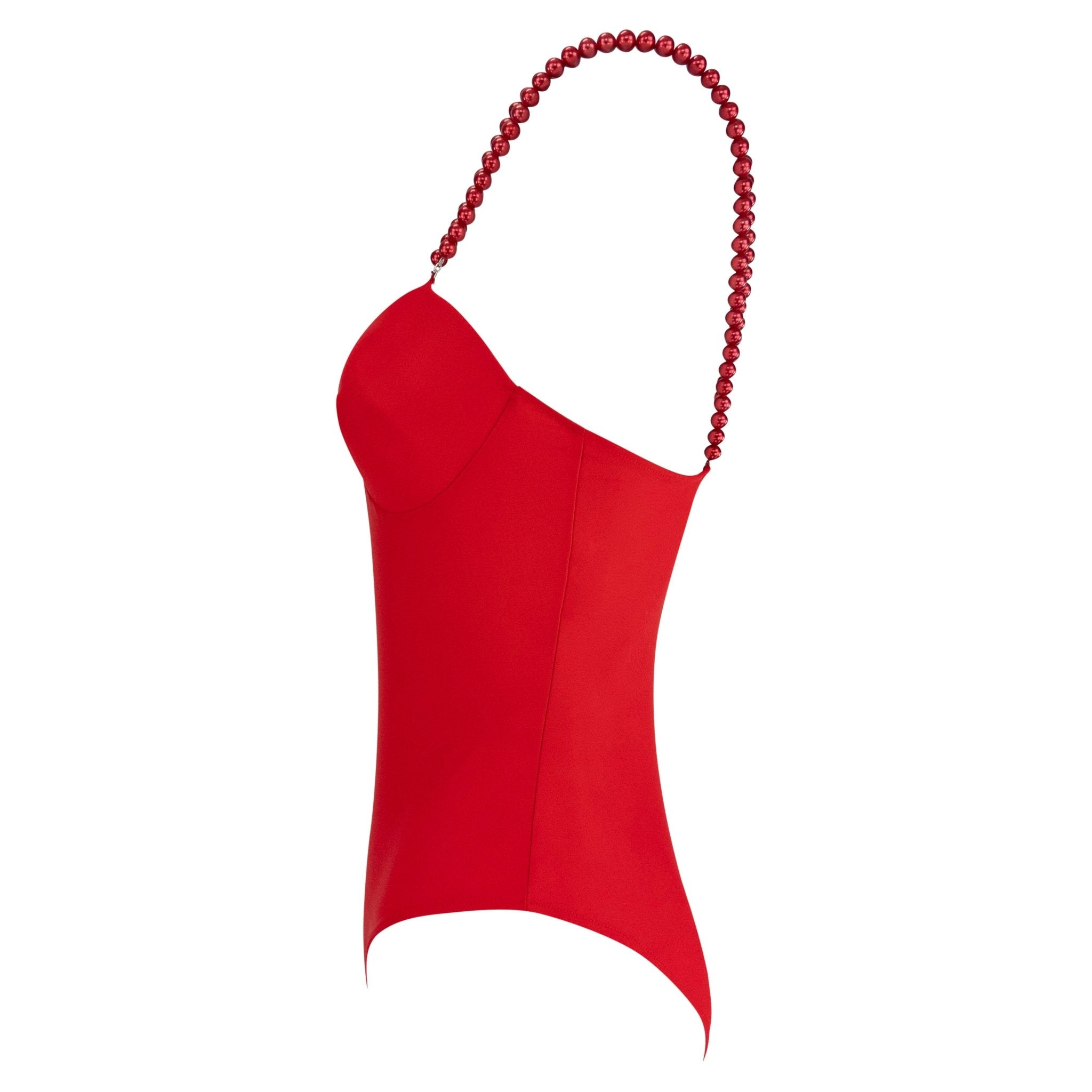 Early 1990s Dolce & Gabbana Red Faux Pearl Strap One - Piece Swimsuit - RealList