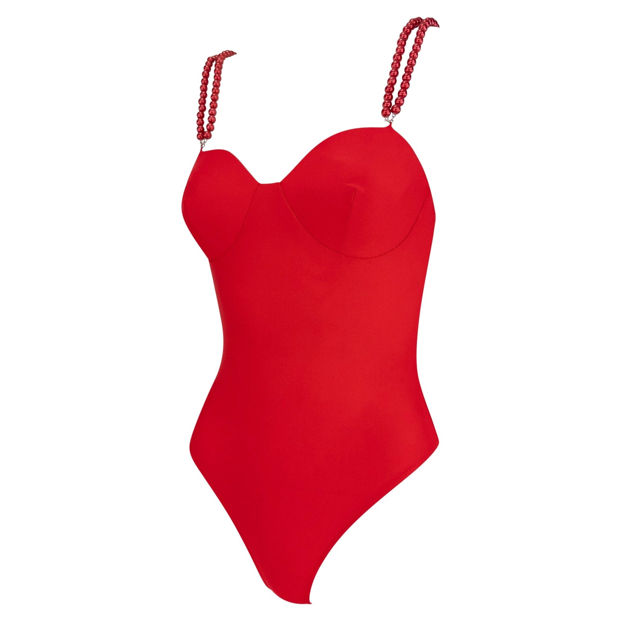 Early 1990s Dolce & Gabbana Red Faux Pearl Strap One - Piece Swimsuit - RealList