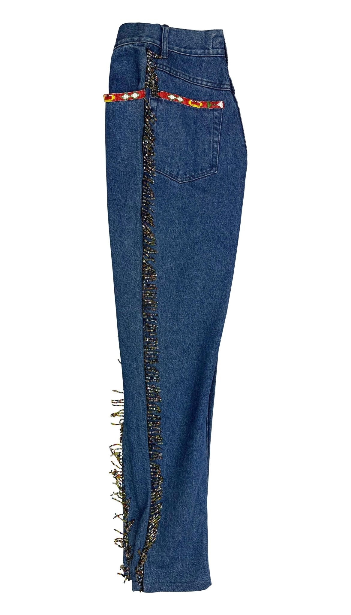Early 1990s Dolce & Gabbana Western Beaded Fringe Blue Denim Jeans - RealList