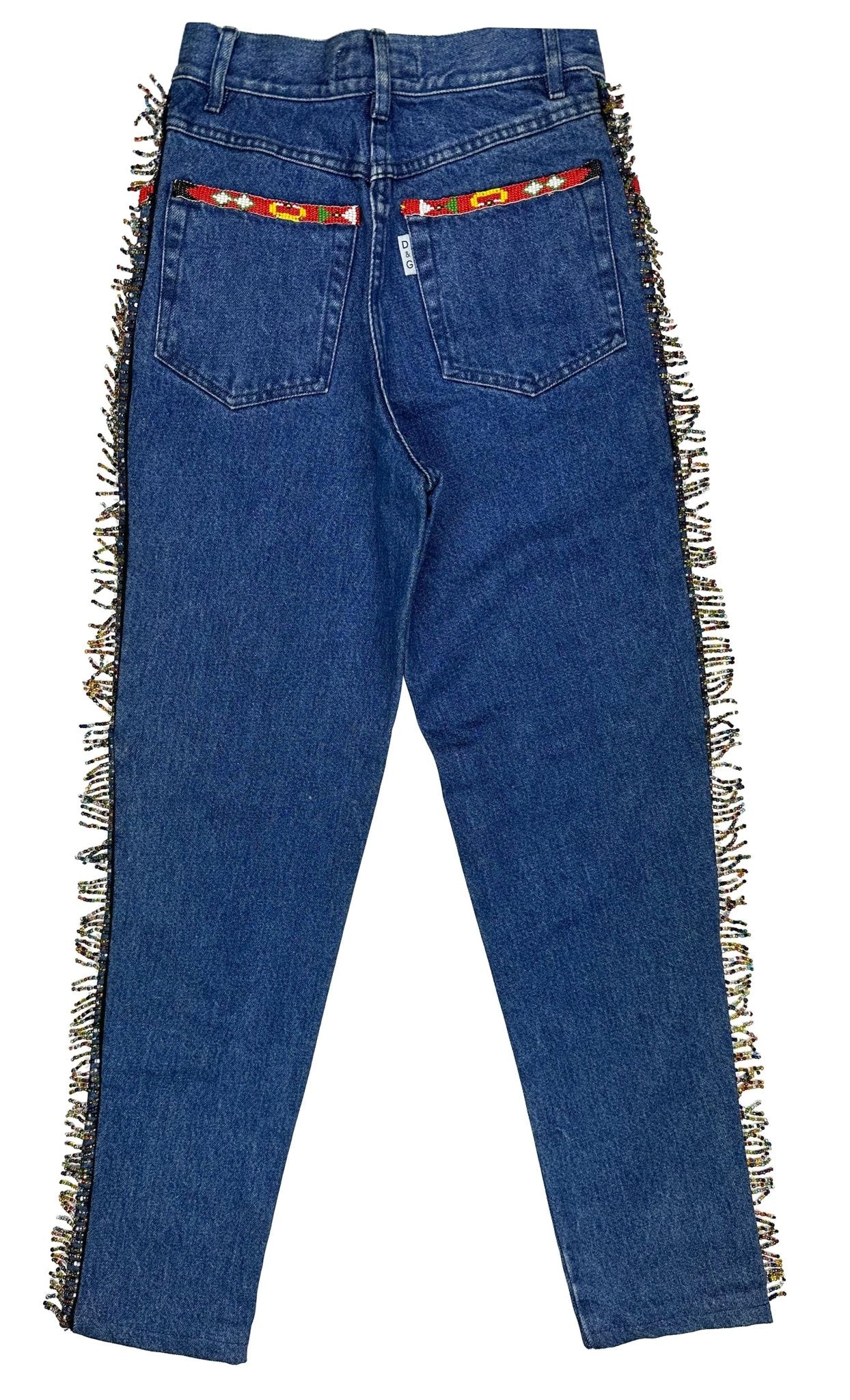 Early 1990s Dolce & Gabbana Western Beaded Fringe Blue Denim Jeans - RealList
