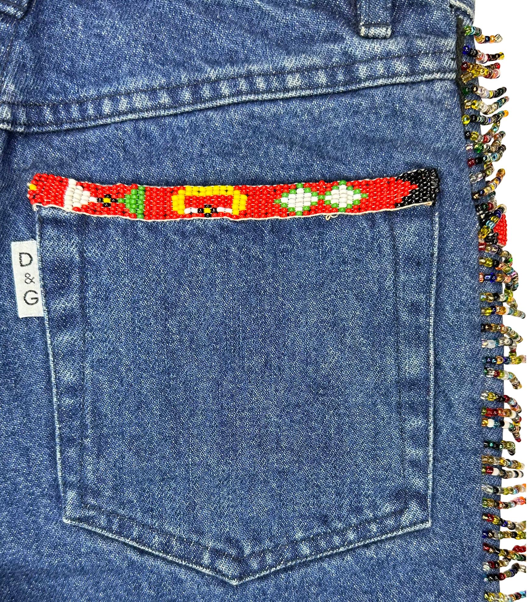 Early 1990s Dolce & Gabbana Western Beaded Fringe Blue Denim Jeans - RealList