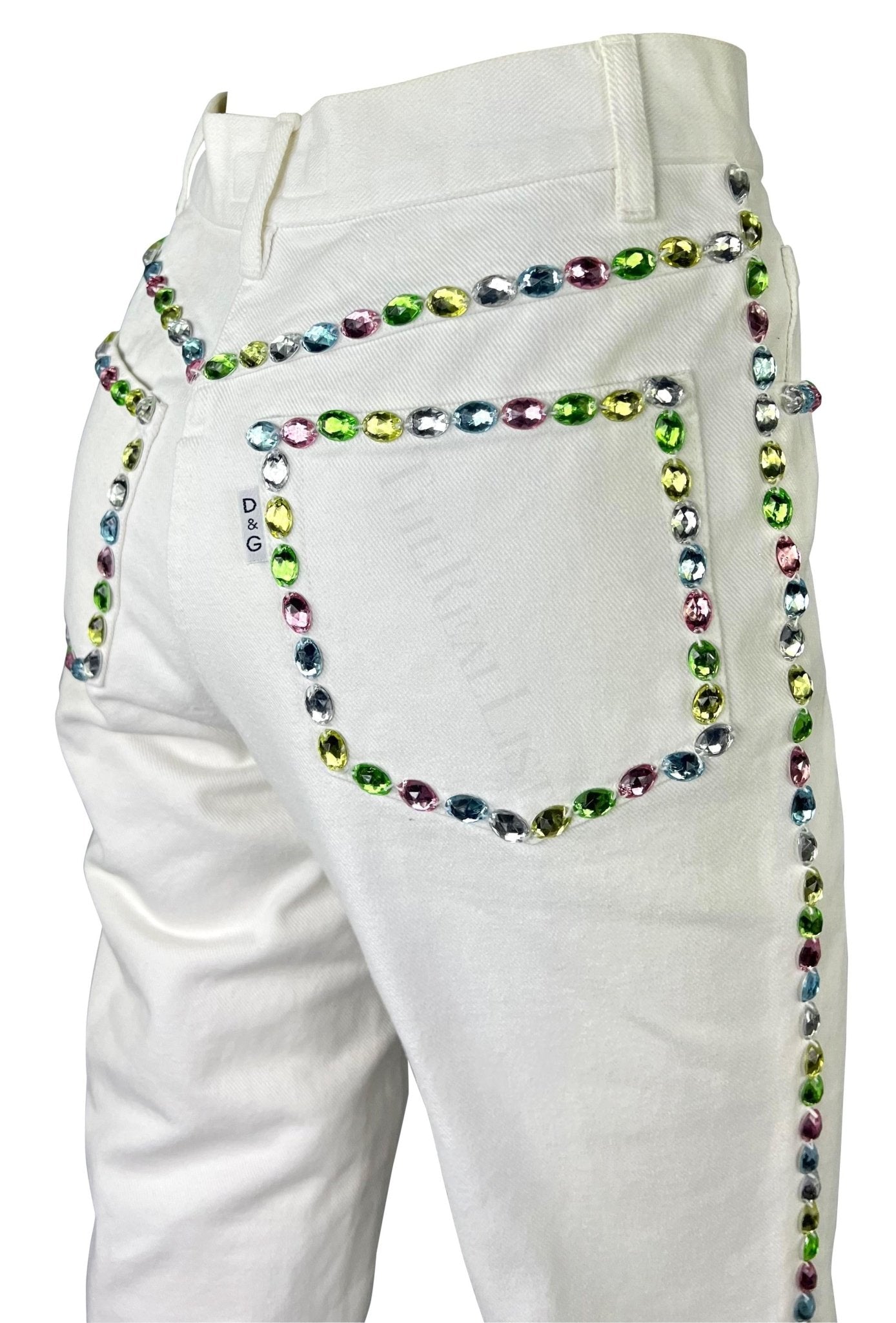 Early 1990s Dolce & Gabbana White Denim Multicolor Pastel Rhinestone Jeans - RealList