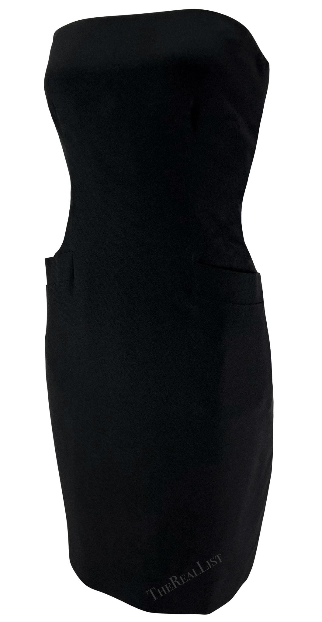 Early 1990s Donna Karan Boned Strapless Black Pocket Mini Dress - RealList