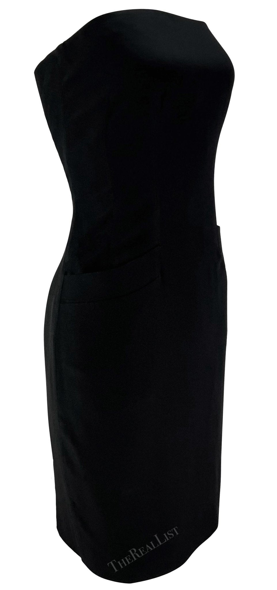 Early 1990s Donna Karan Boned Strapless Black Pocket Mini Dress - RealList