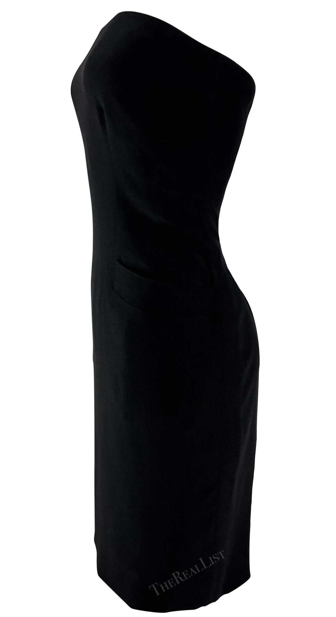 Early 1990s Donna Karan Boned Strapless Black Pocket Mini Dress - RealList