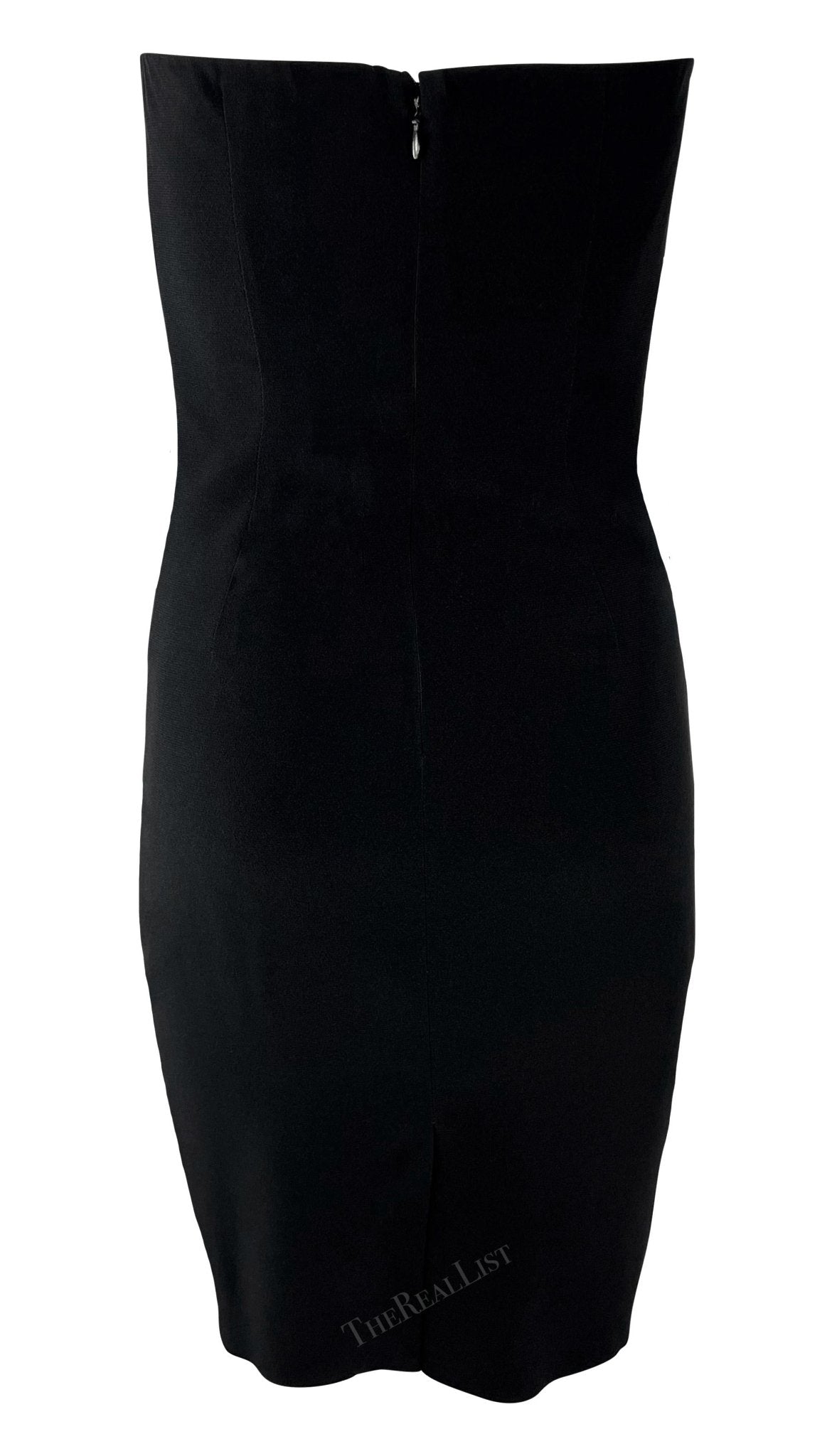 Early 1990s Donna Karan Boned Strapless Black Pocket Mini Dress - RealList