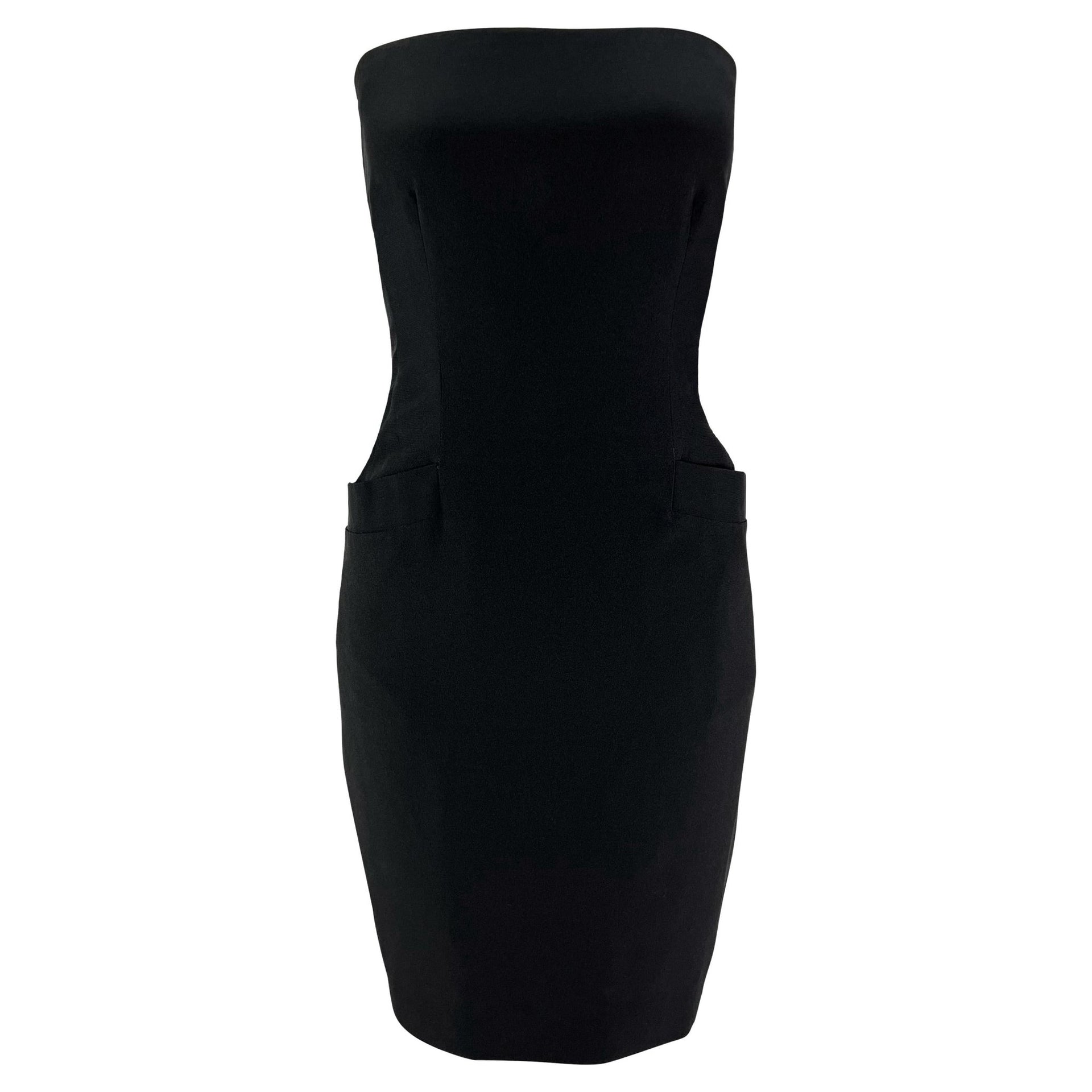 Early 1990s Donna Karan Boned Strapless Black Pocket Mini Dress - RealList
