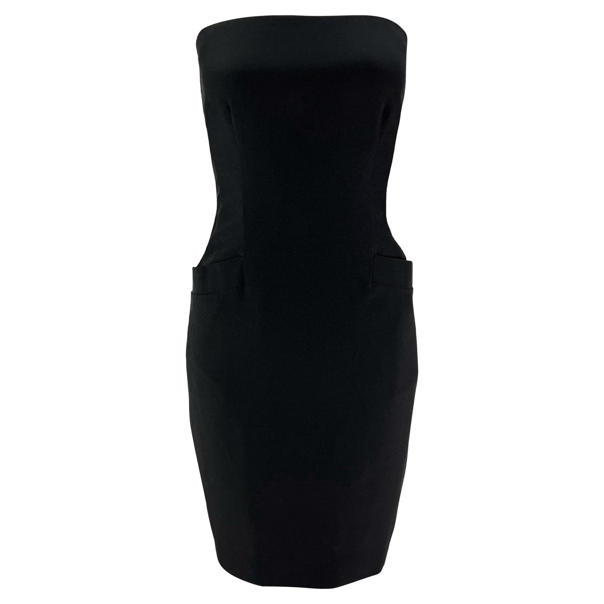 Early 1990s Donna Karan Boned Strapless Black Pocket Mini Dress - RealList