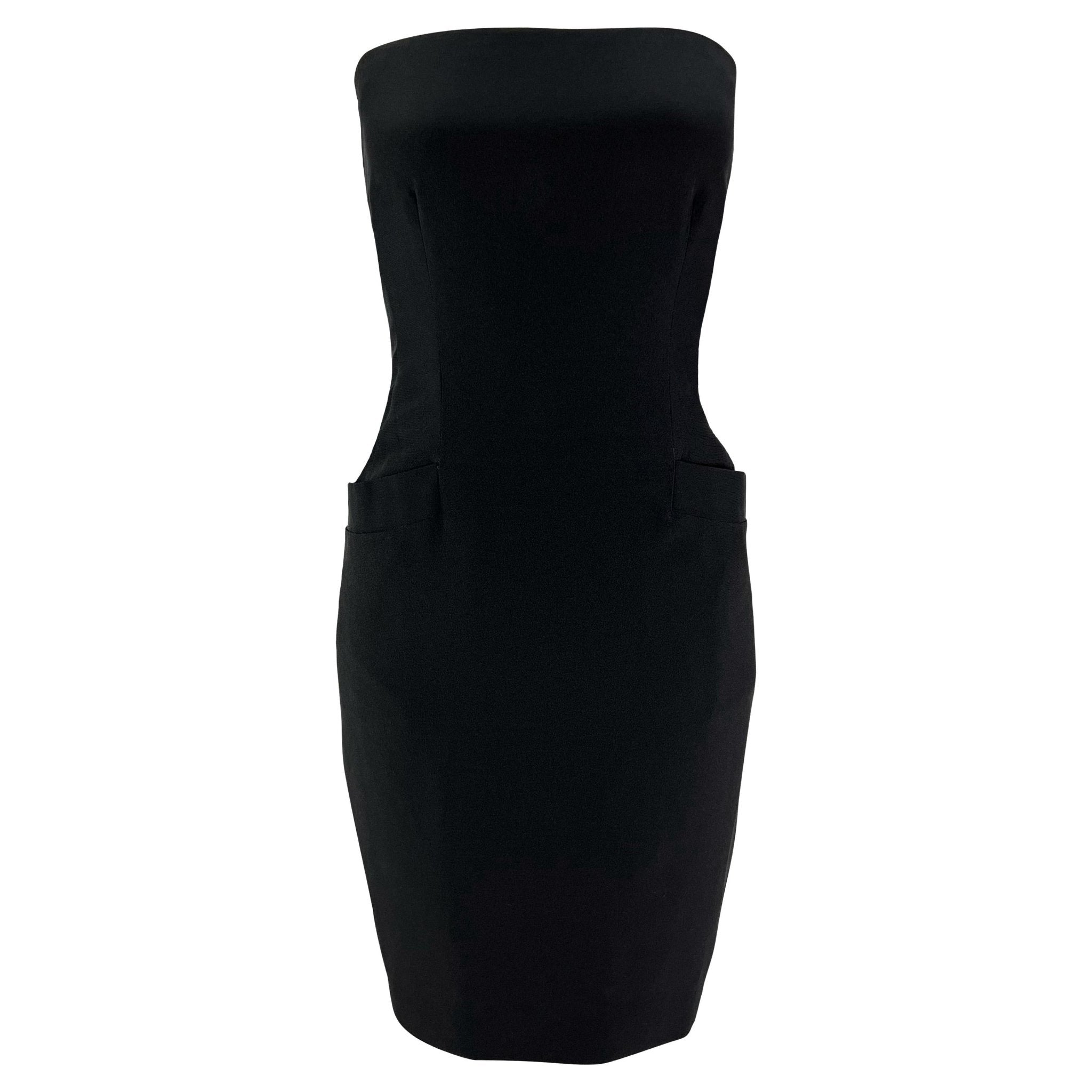 Early 1990s Donna Karan Boned Strapless Black Pocket Mini Dress - RealList