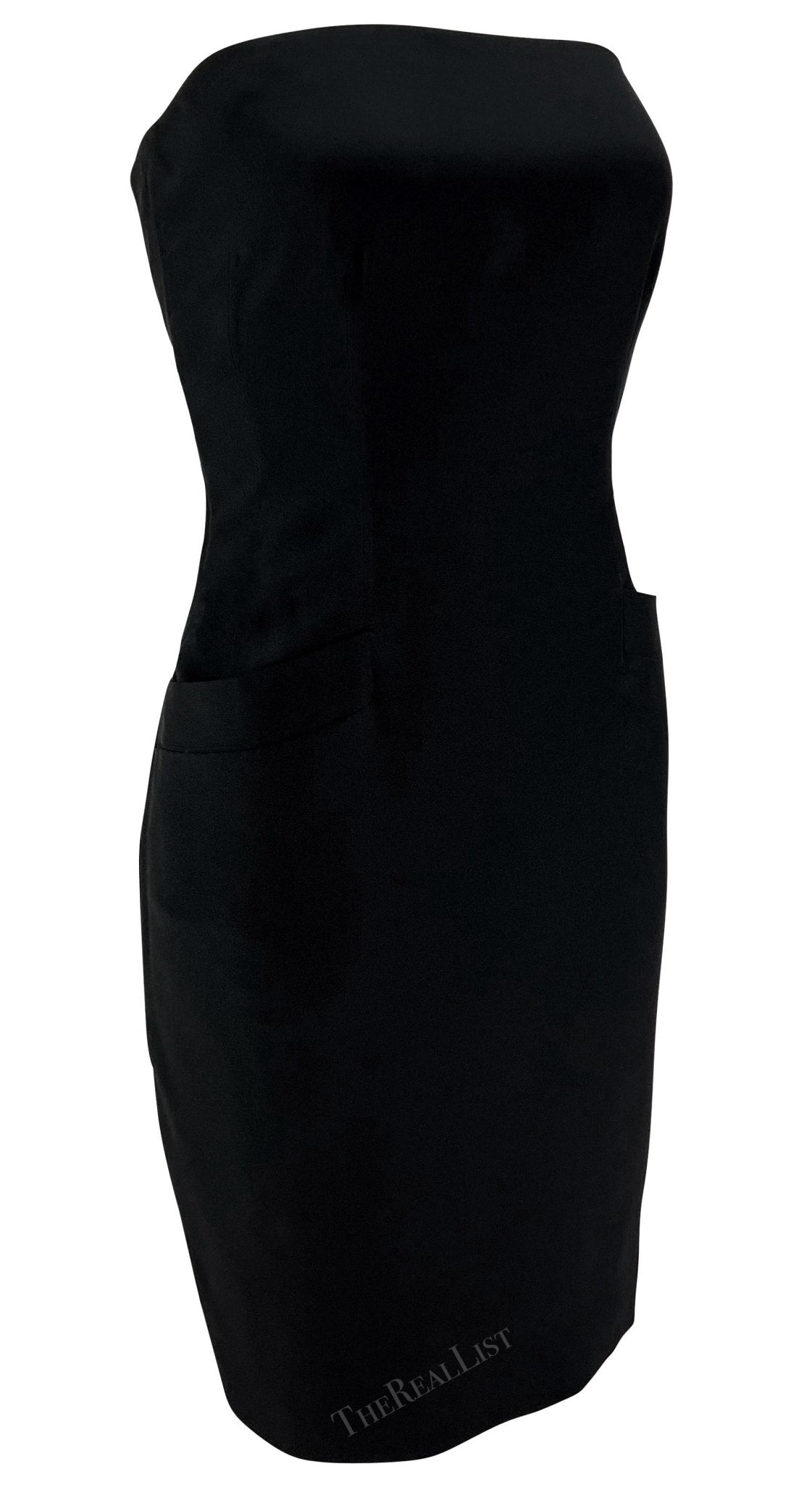 Early 1990s Donna Karan Boned Strapless Black Pocket Mini Dress - RealList