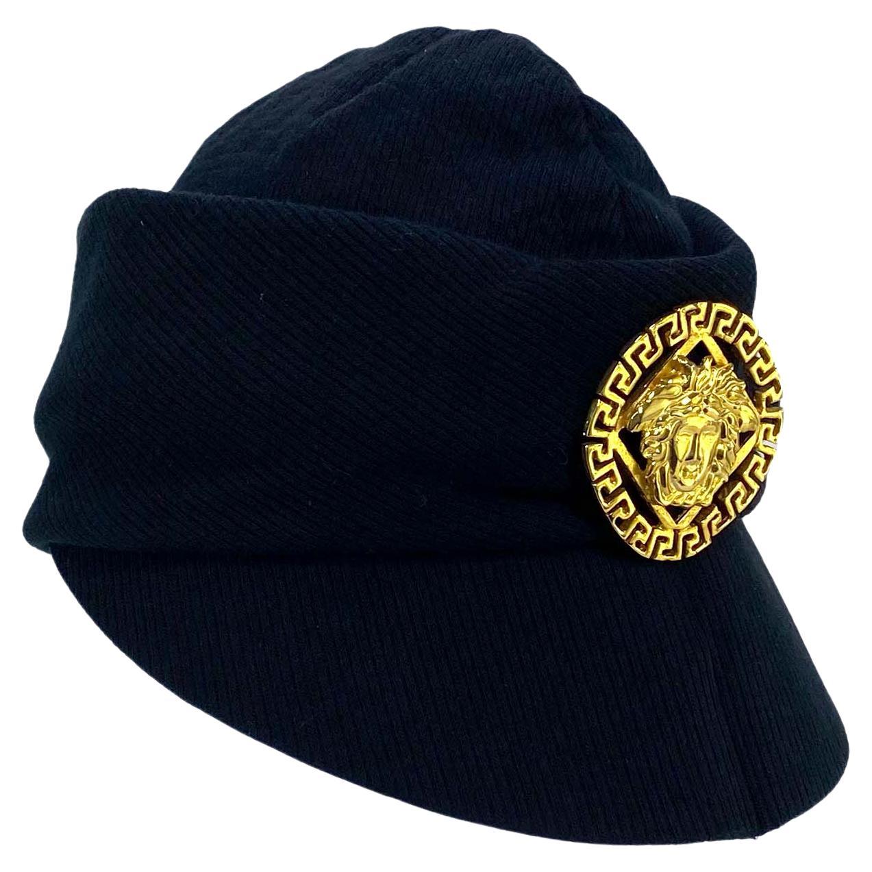Early 1990s Gianni Versace Medusa Greek Key Medallion Brimmed Wool Hat - RealList