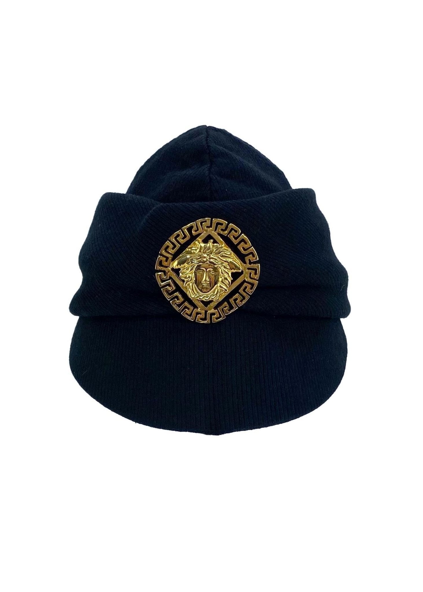 Early 1990s Gianni Versace Medusa Greek Key Medallion Brimmed Wool Hat - RealList