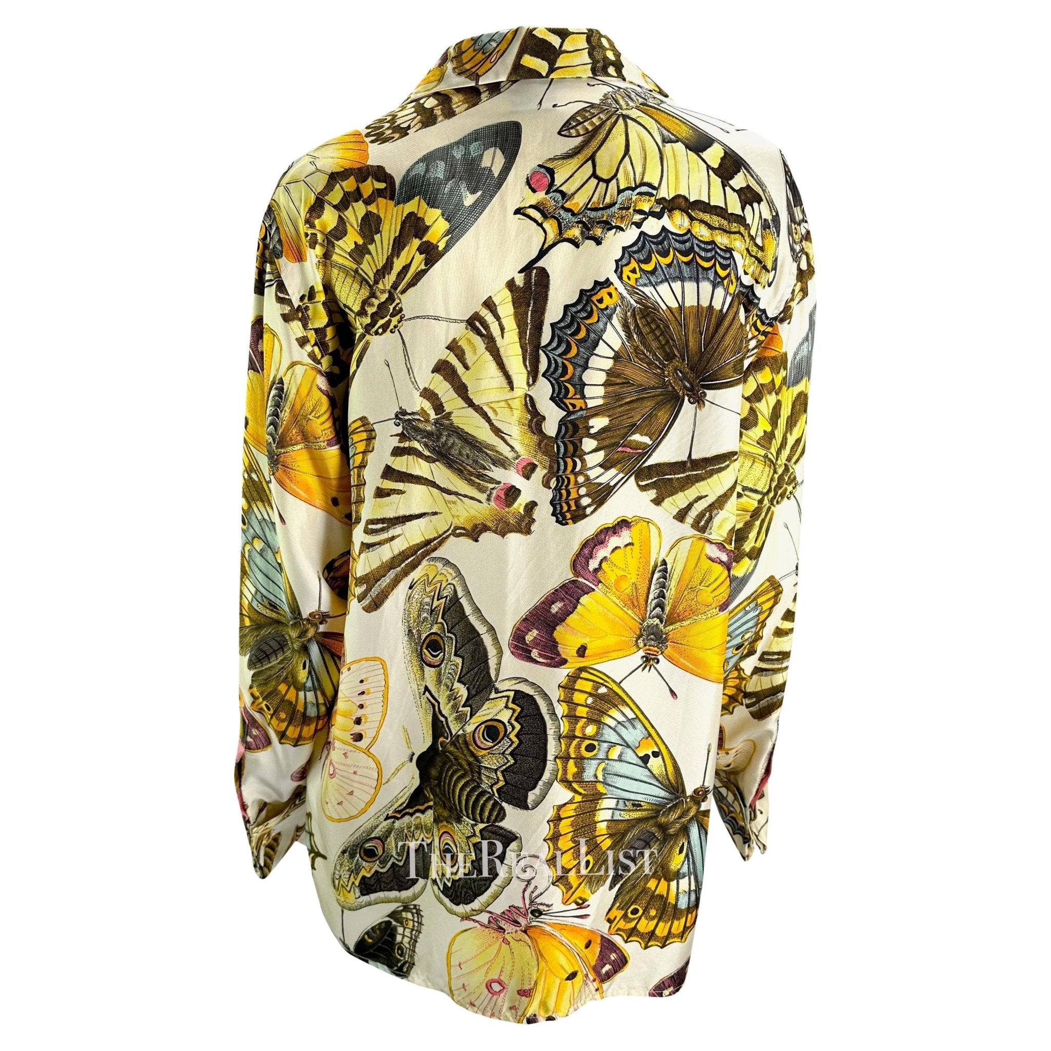 Early 1990s Gucci Butterfly Print Multicolor Silk GG Cufflink Blouse - RealList