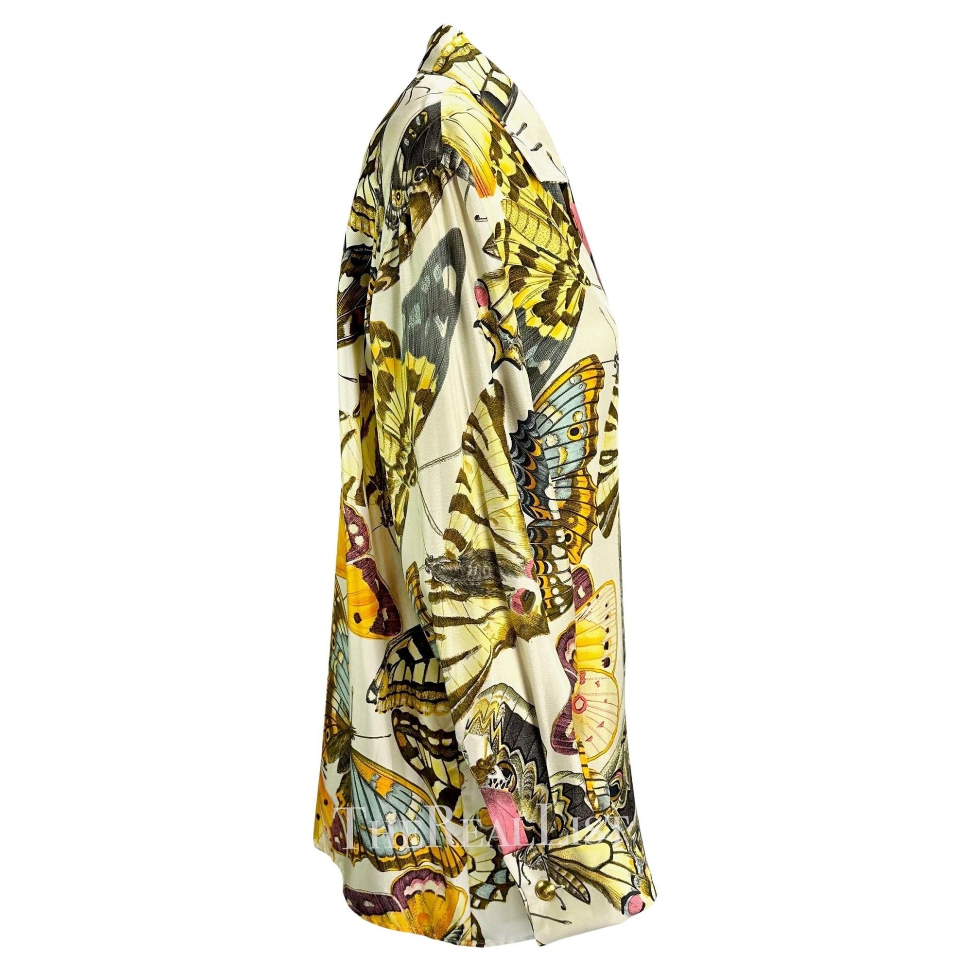 Early 1990s Gucci Butterfly Print Multicolor Silk GG Cufflink Blouse - RealList