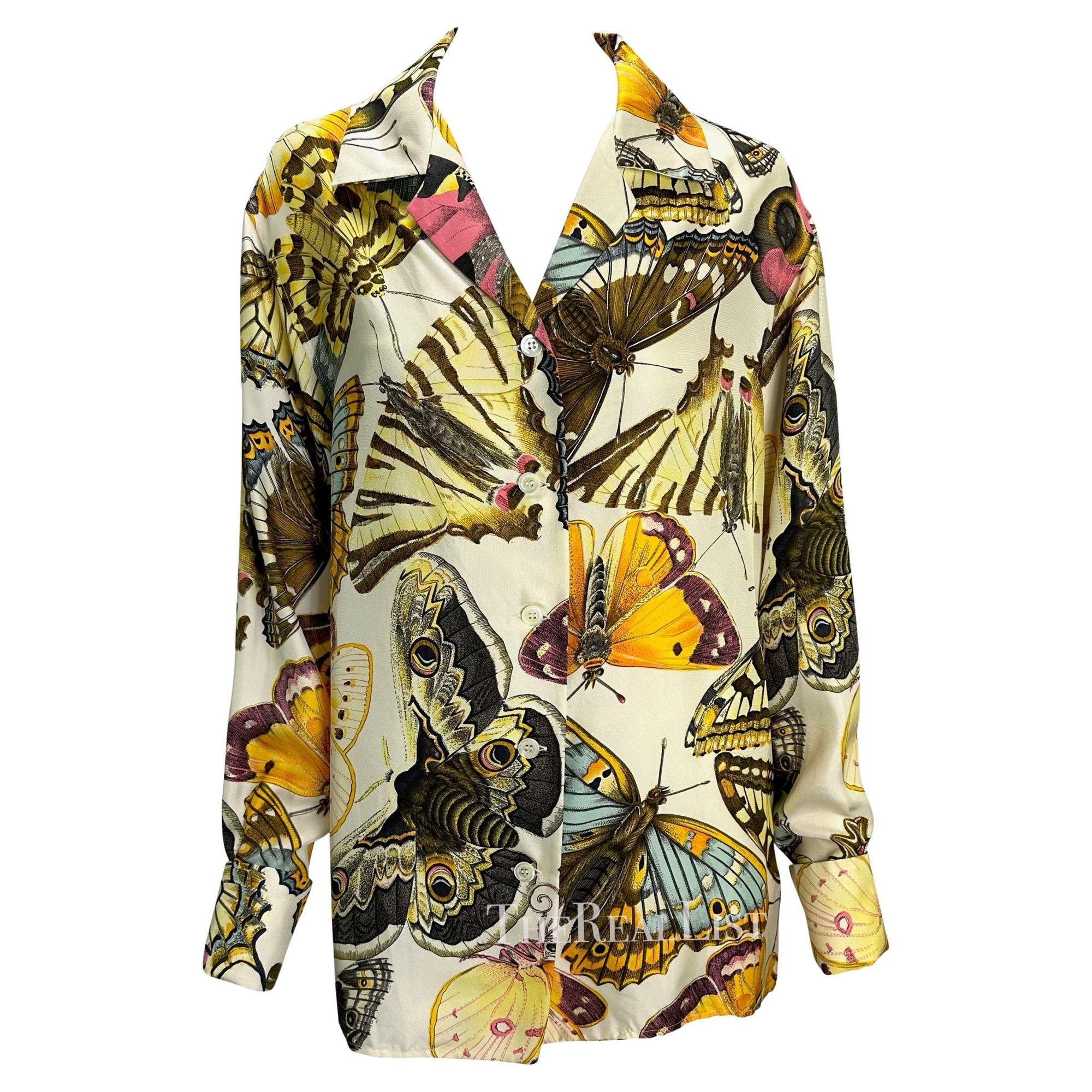 Early 1990s Gucci Butterfly Print Multicolor Silk GG Cufflink Blouse - RealList