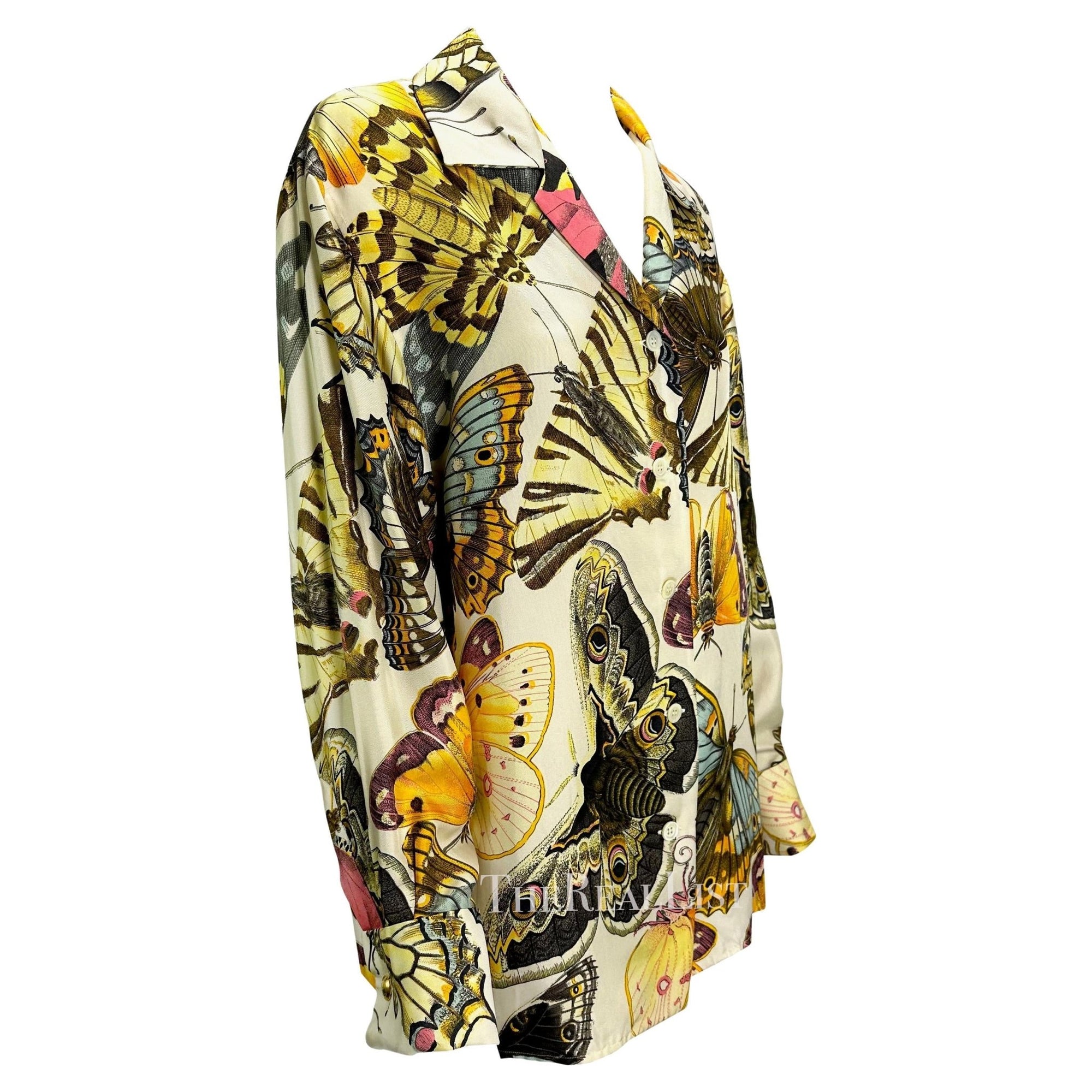 Early 1990s Gucci Butterfly Print Multicolor Silk GG Cufflink Blouse - RealList