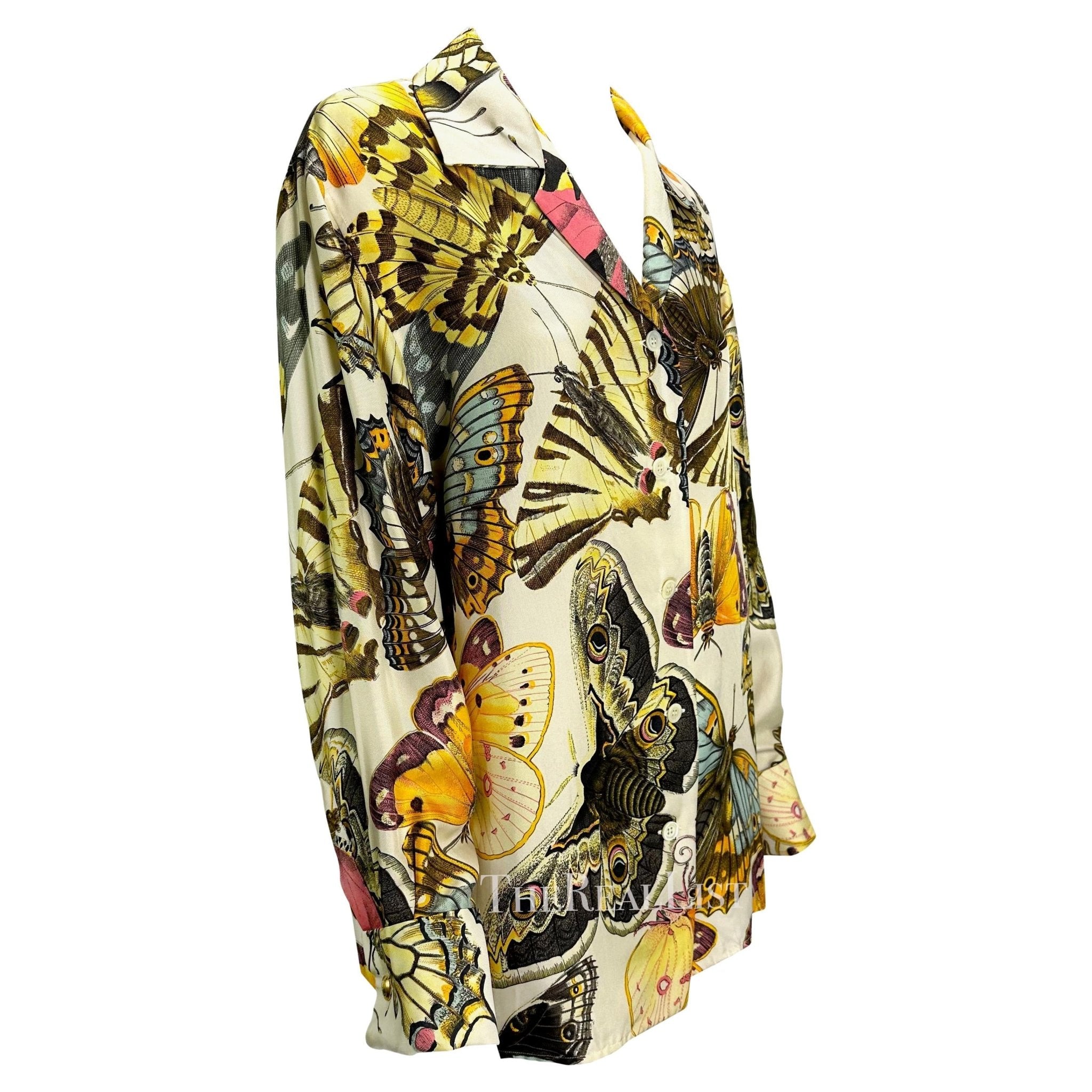 Early 1990s Gucci Butterfly Print Multicolor Silk GG Cufflink Blouse - RealList