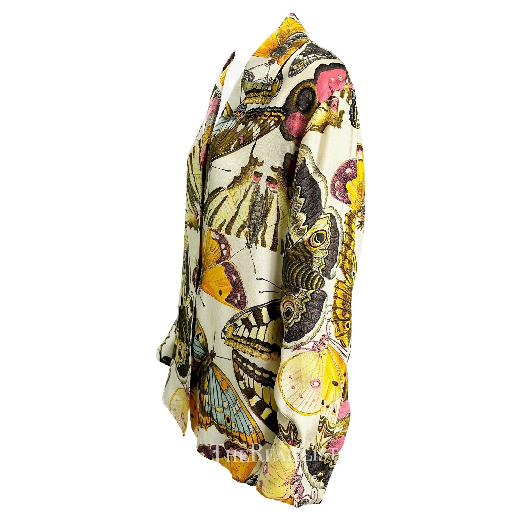 Early 1990s Gucci Butterfly Print Multicolor Silk GG Cufflink Blouse - RealList