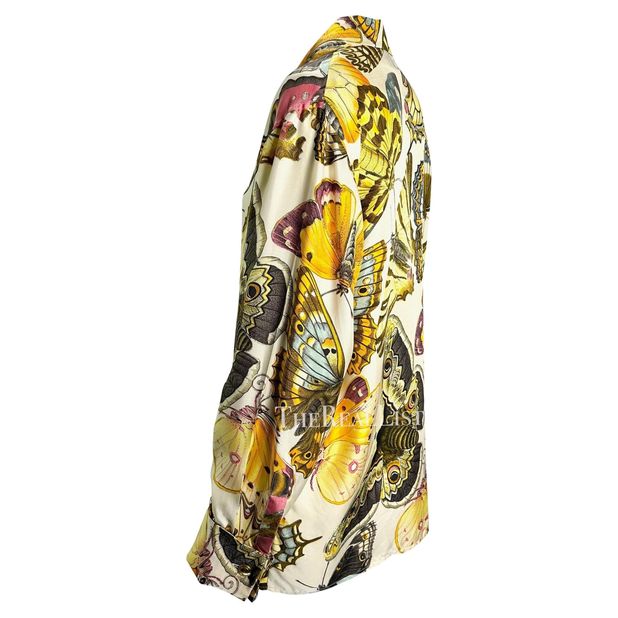 Early 1990s Gucci Butterfly Print Multicolor Silk GG Cufflink Blouse - RealList