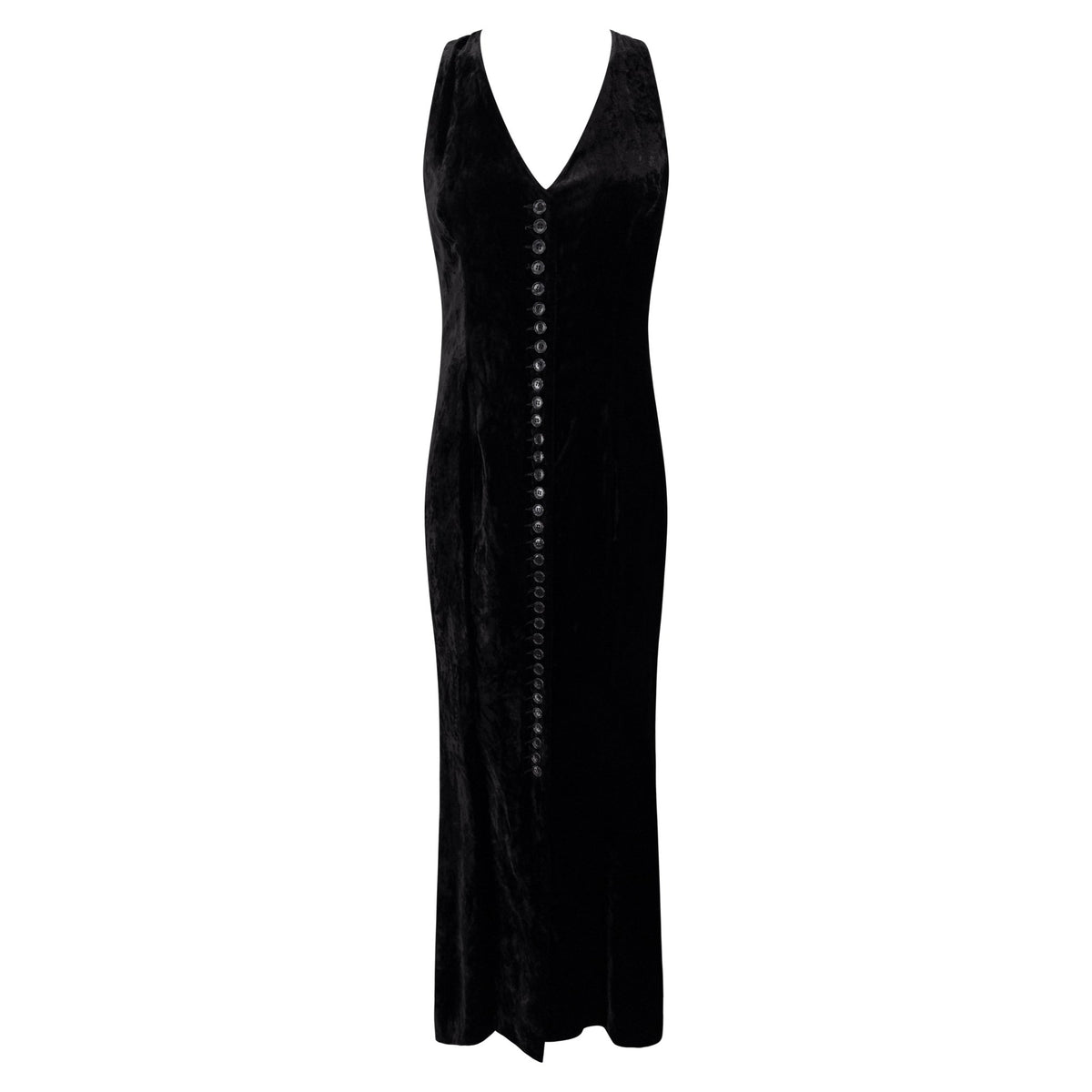 Early 1990s Norma Kamali Black Crushed Velvet Button - Up Flared Gown - RealList