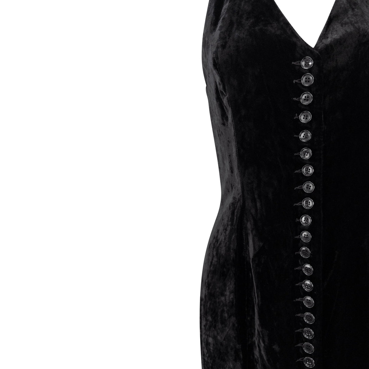 Early 1990s Norma Kamali Black Crushed Velvet Button - Up Flared Gown - RealList