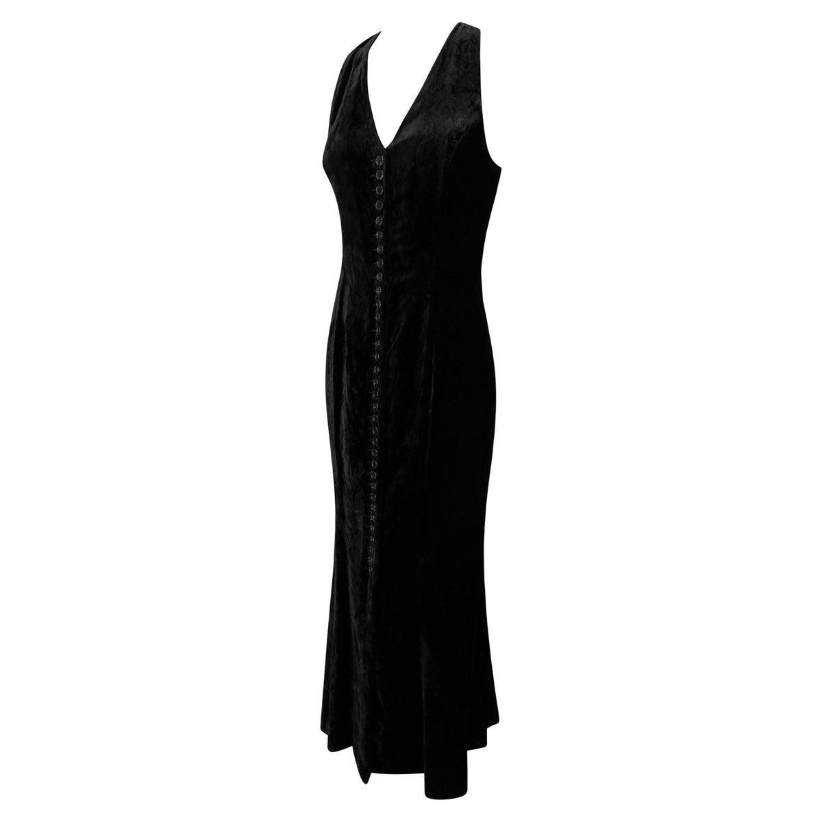 Early 1990s Norma Kamali Black Crushed Velvet Button - Up Flared Gown - RealList