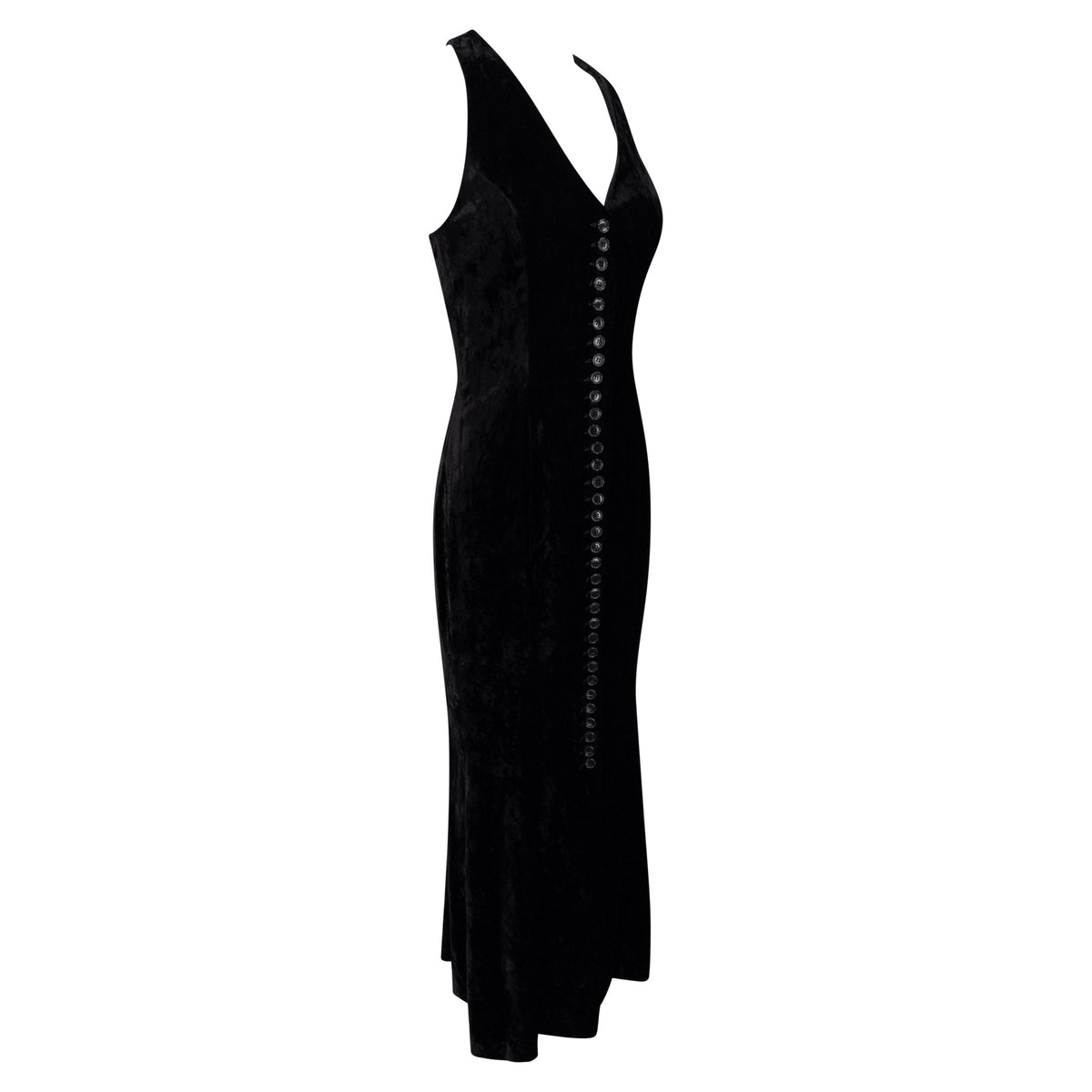 Early 1990s Norma Kamali Black Crushed Velvet Button - Up Flared Gown - RealList