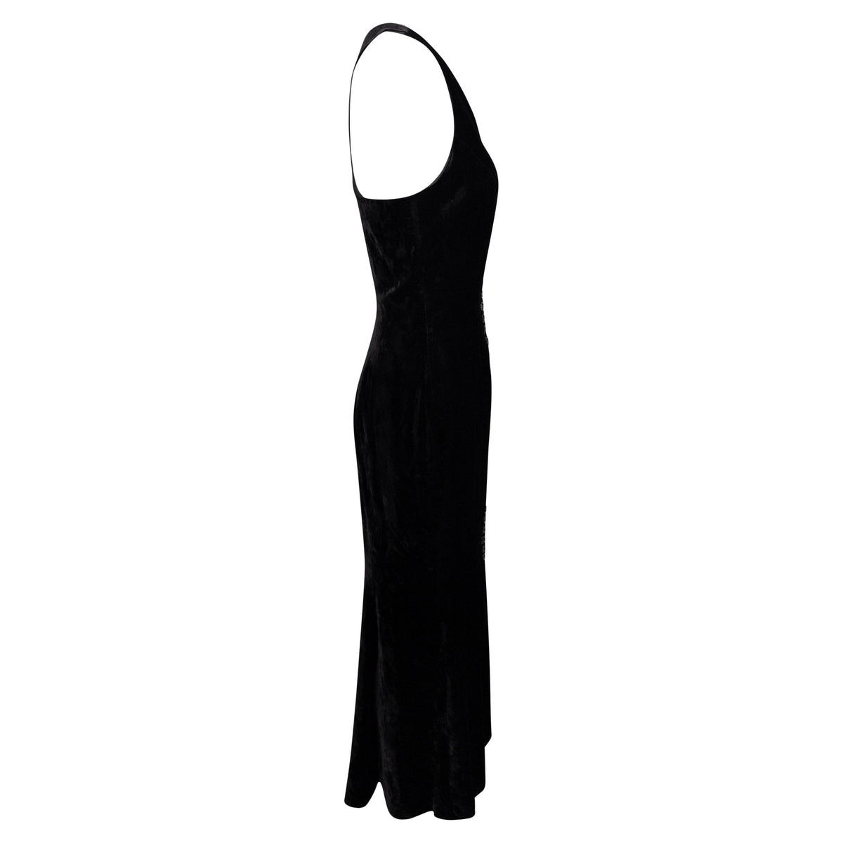 Early 1990s Norma Kamali Black Crushed Velvet Button - Up Flared Gown - RealList