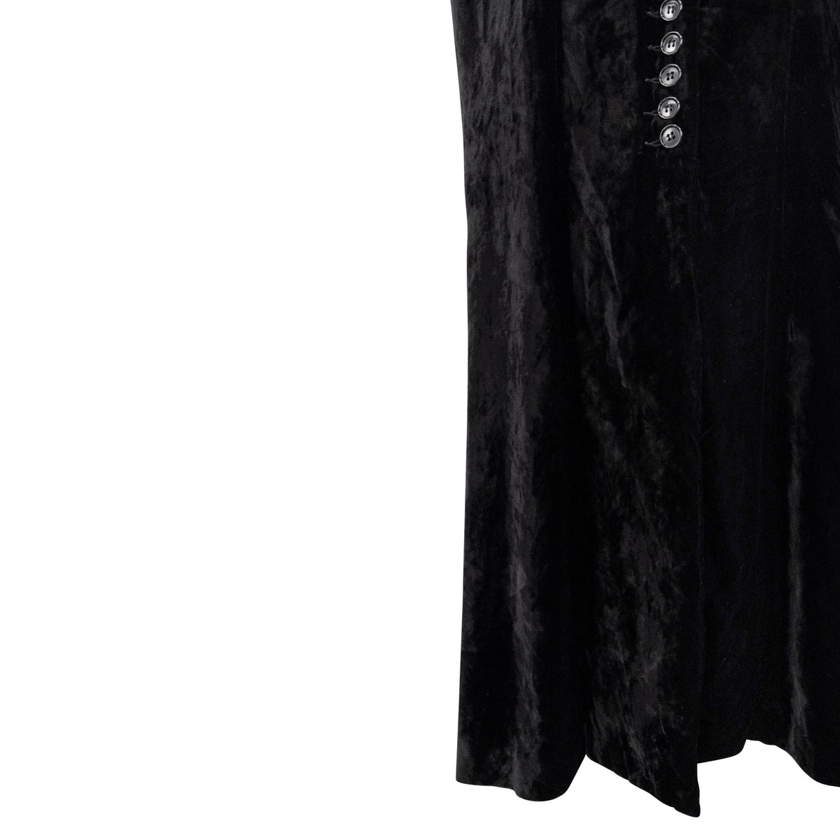 Early 1990s Norma Kamali Black Crushed Velvet Button - Up Flared Gown - RealList