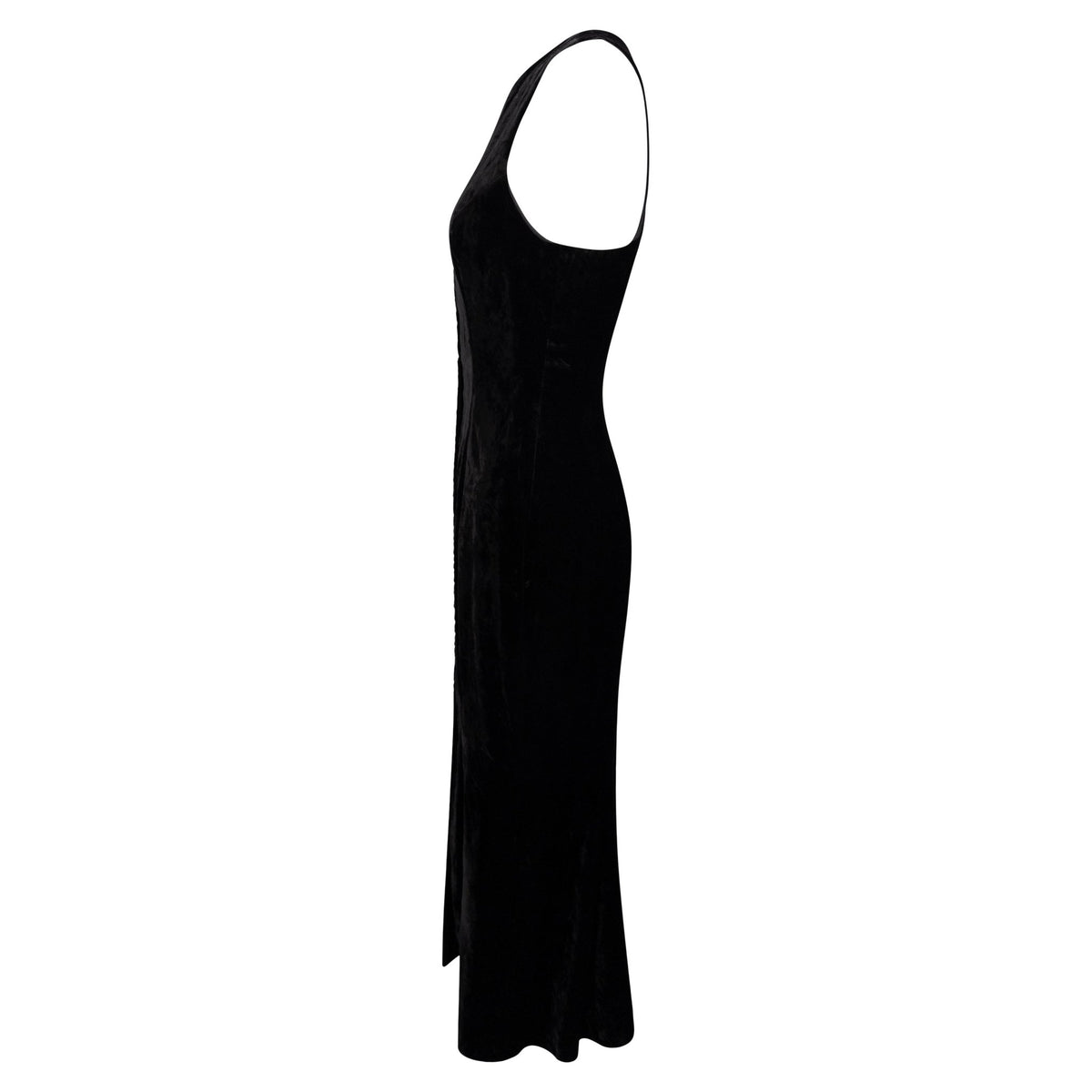 Early 1990s Norma Kamali Black Crushed Velvet Button - Up Flared Gown - RealList