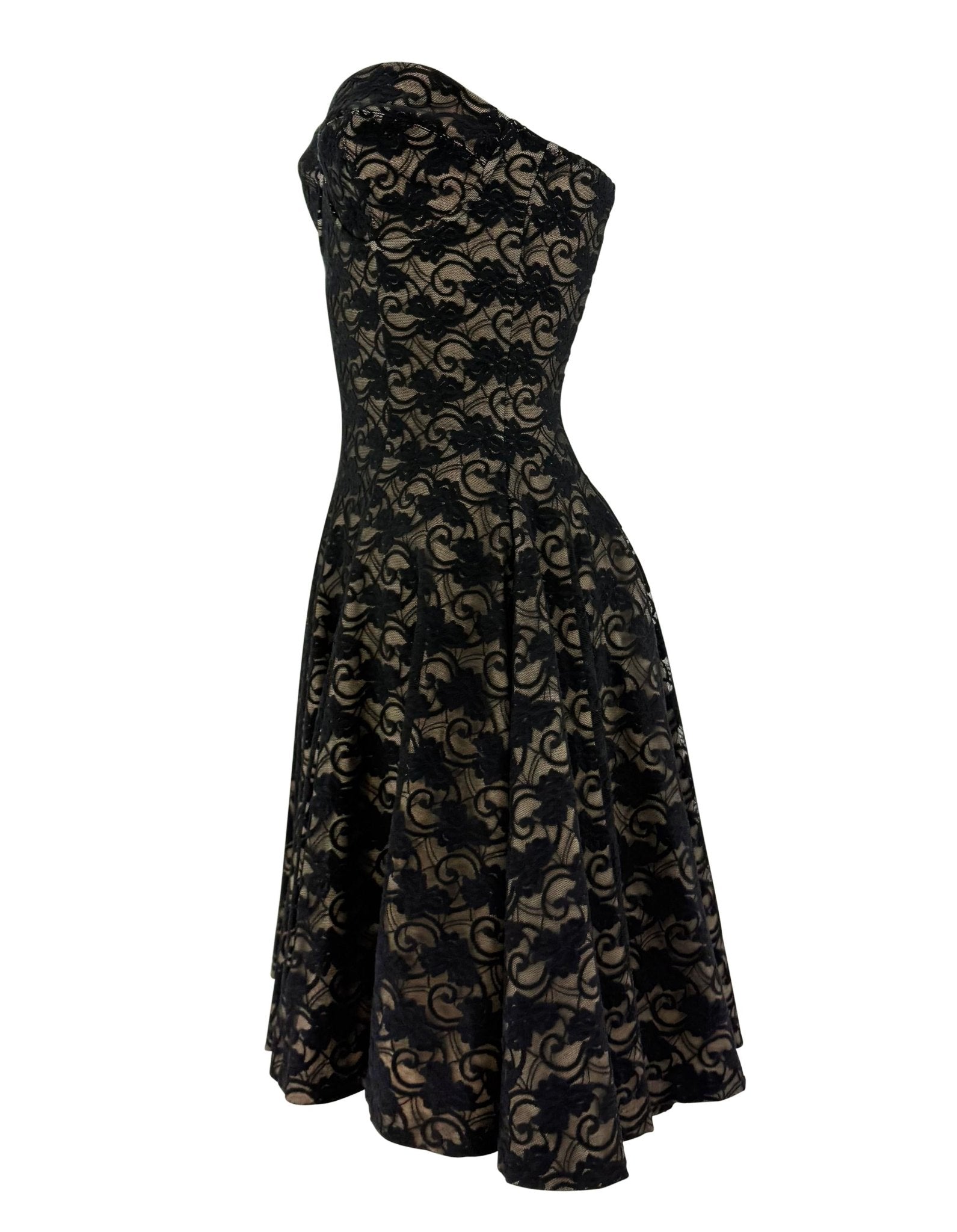 Early 1990s Norma Kamali Strapless Black Lace Overlay Flared Bodycon Mini Dress - RealList