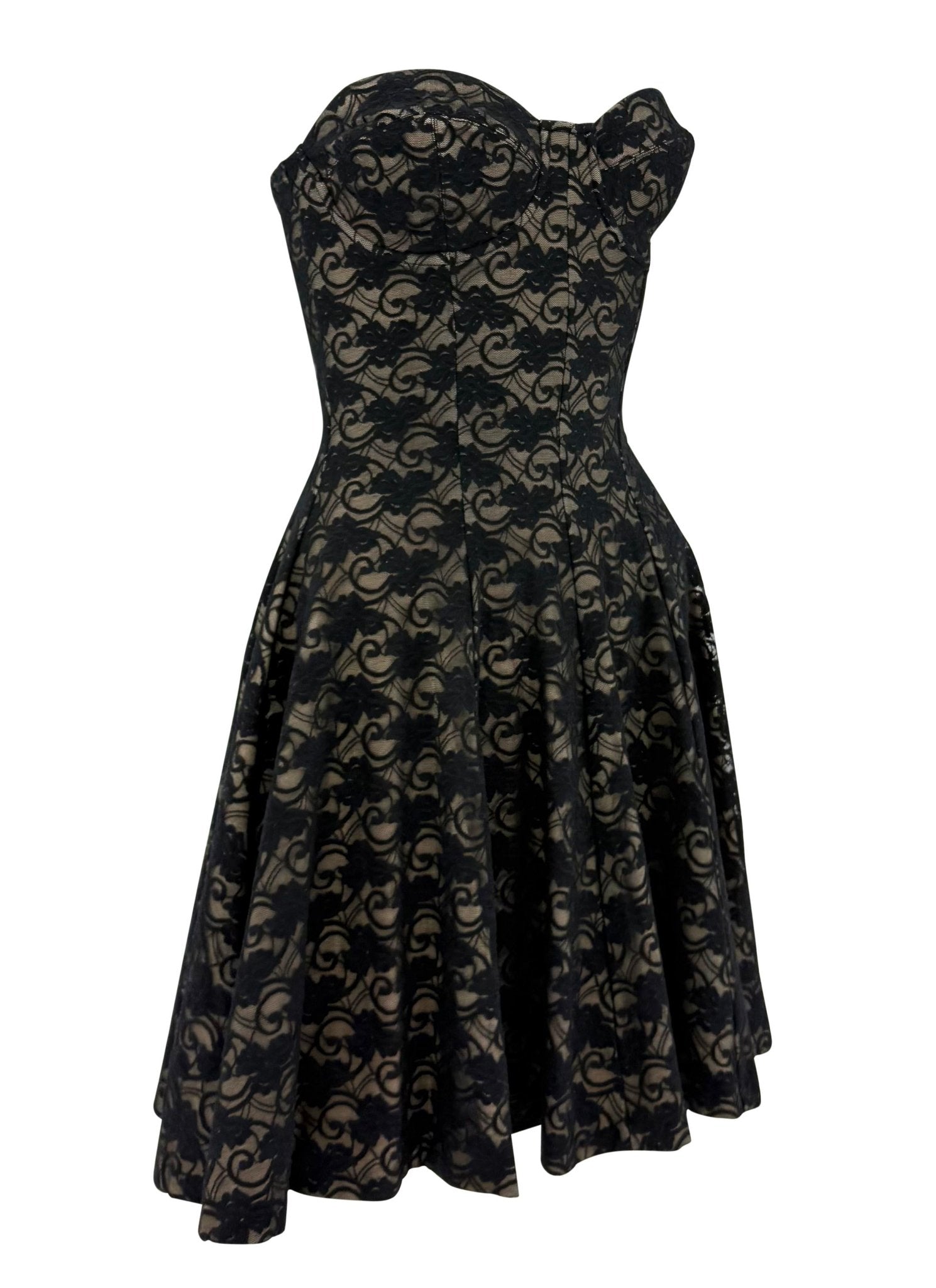 Early 1990s Norma Kamali Strapless Black Lace Overlay Flared Bodycon Mini Dress - RealList