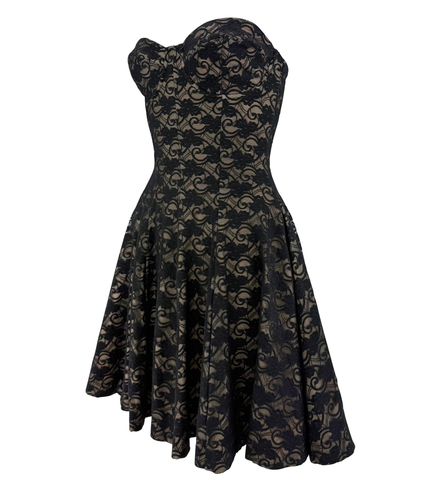 Early 1990s Norma Kamali Strapless Black Lace Overlay Flared Bodycon Mini Dress - RealList