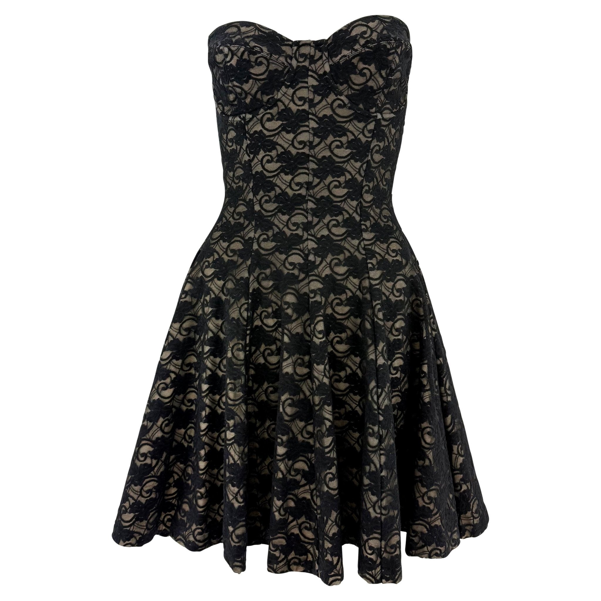 Early 1990s Norma Kamali Strapless Black Lace Overlay Flared Bodycon Mini Dress - RealList