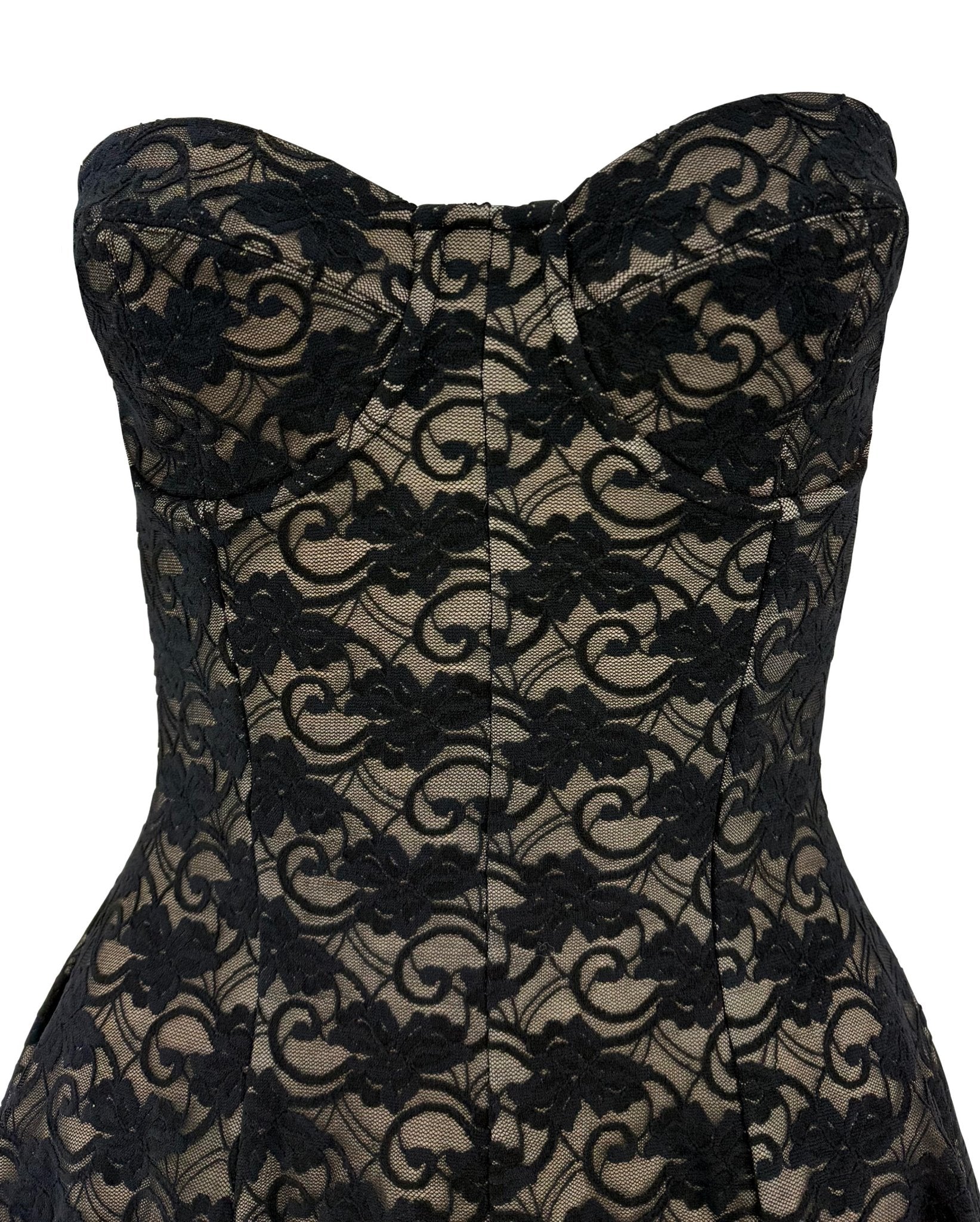 Early 1990s Norma Kamali Strapless Black Lace Overlay Flared Bodycon Mini Dress - RealList