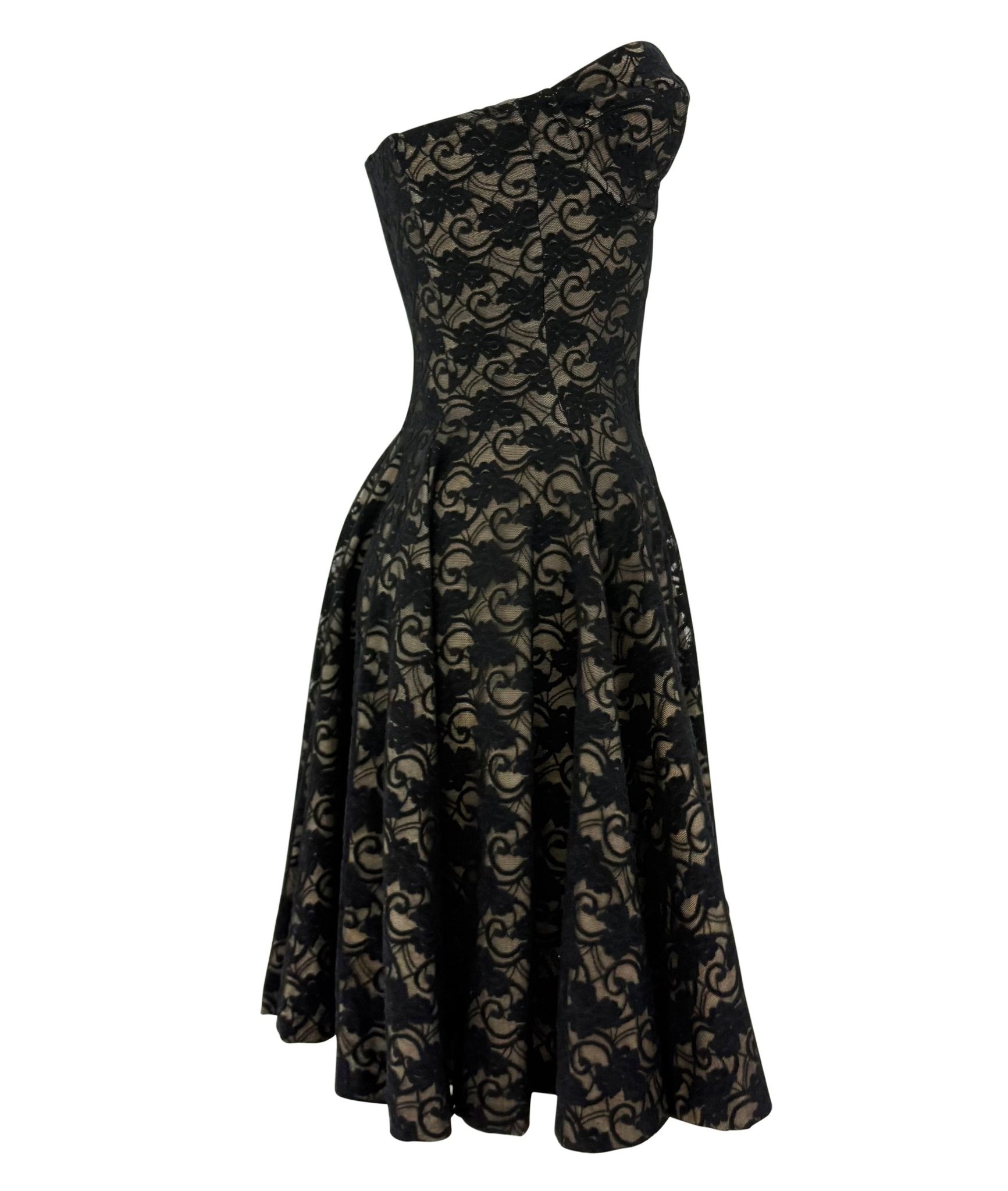 Early 1990s Norma Kamali Strapless Black Lace Overlay Flared Bodycon Mini Dress - RealList